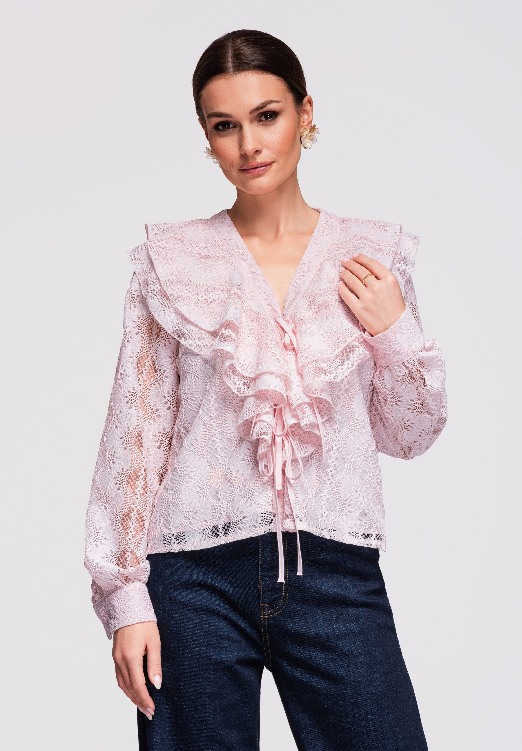 OMBRE Langarmbluse Langarmbluse Damen Spitze Loose Fit Rose L (kein Set, 1-tlg) Ajour-Spitze, dekorative Rüschen