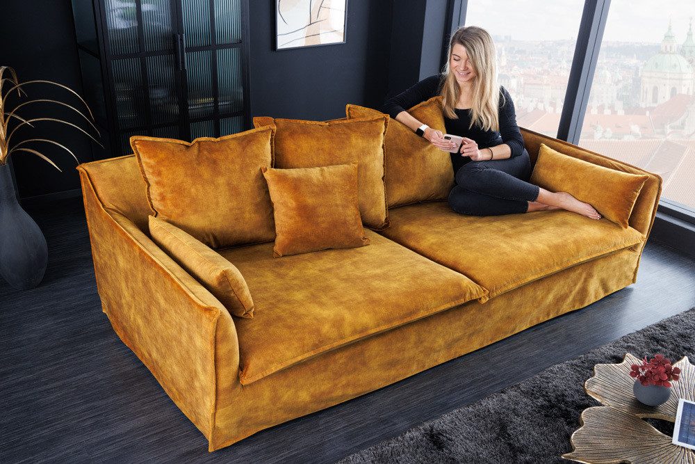 riess-ambiente 3-Sitzer HEAVEN 210cm senfgelb · Hussensofa inkl. Kissen und abnehmbaren Bezug, Einzelartikel 1 Teile, Wohnzimmer-Couch · Samt-Bezug · Federkern-Polsterung · Landhausstil