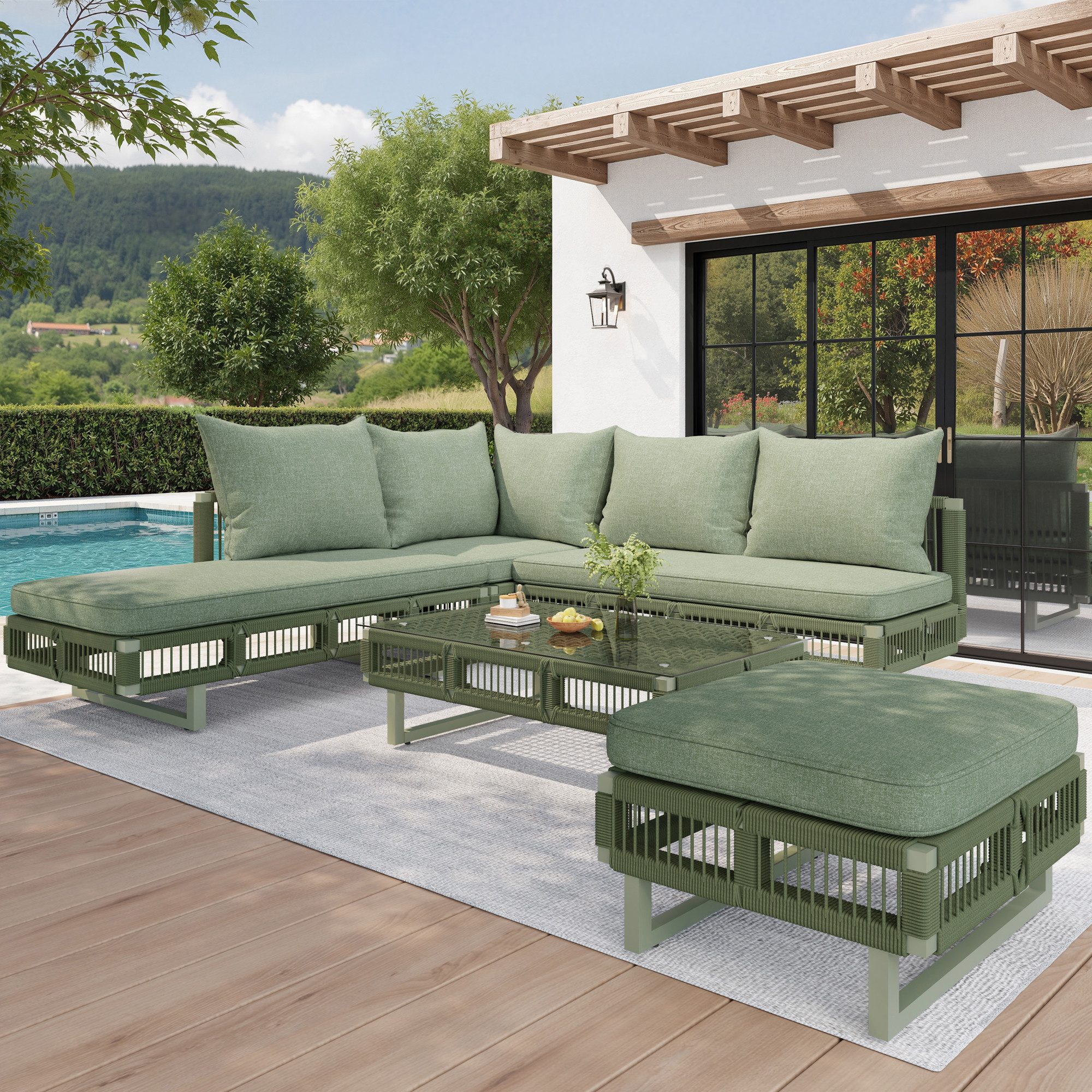 HAUSS SPOLE Gartenlounge-Set 5-tlg Loungeset mit Kissen&Couchtisch,Seilgeflecht-Gartenmöbel,grün