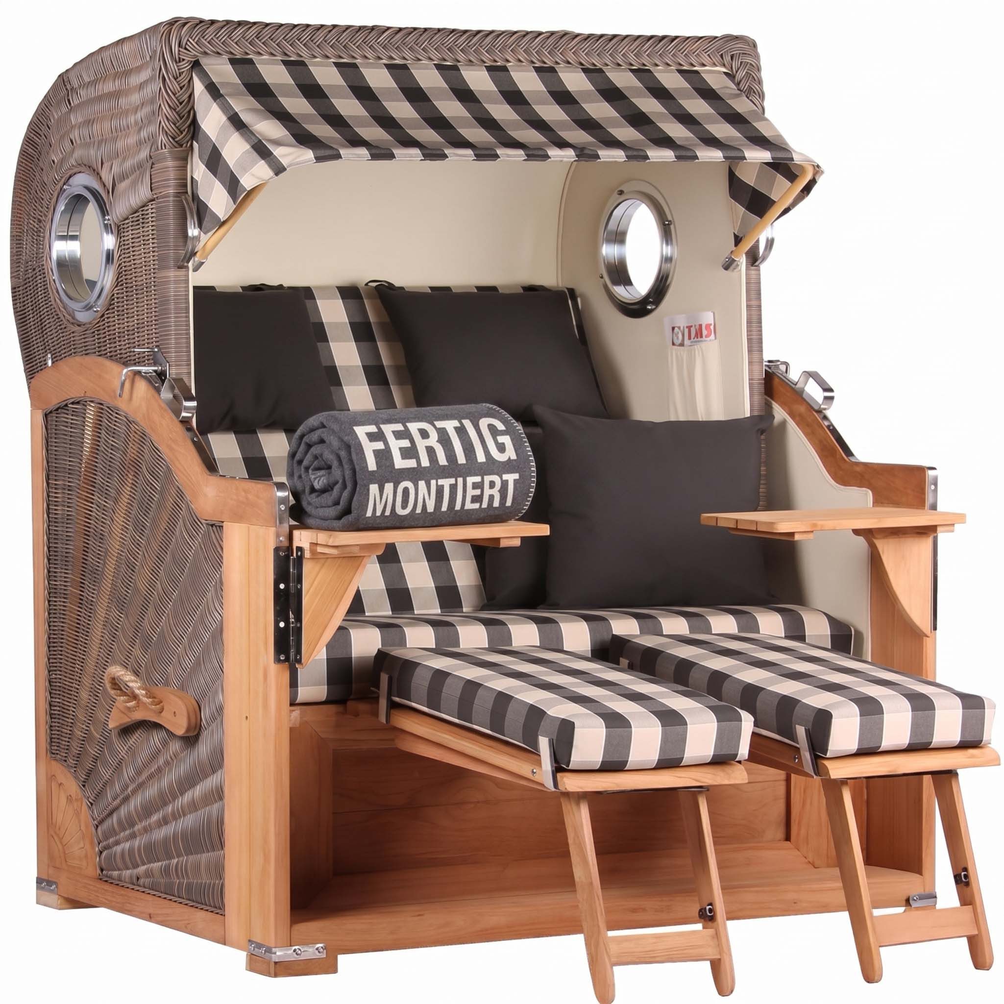 MR.DEKO Strandkorb XXL Baltikum 2,5-Sitzer Bullauge Teak PE Grey 142x170x95, BxTxH: 142x95x170 cm, Volllieger, Baltikum, (Wetterfester 2,5-Sitzer Strandkorb für Garten, Terrasse & Balkon), Volllieger mit Stauraum, Bullaugen & Edelstahl – komplett montiert