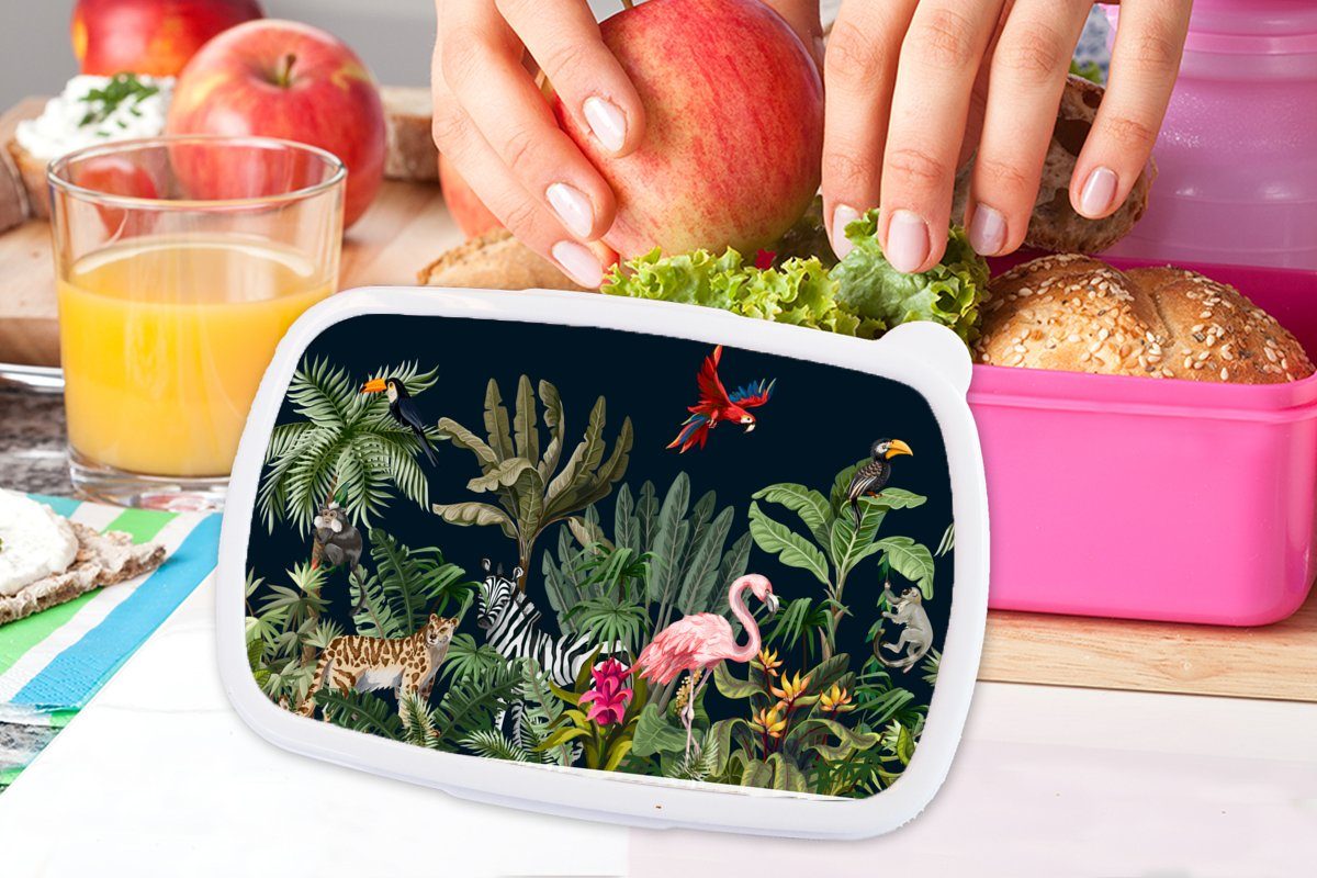 Pflanzen - Brotbox - - Erwachsene, Dschungel - Kinder, Kinder Zebra, Kunststoff, - Tiere Lunchbox Kunststoff rosa Flamingo Brotdose (2-tlg), Snackbox, MuchoWow für Mädchen,
