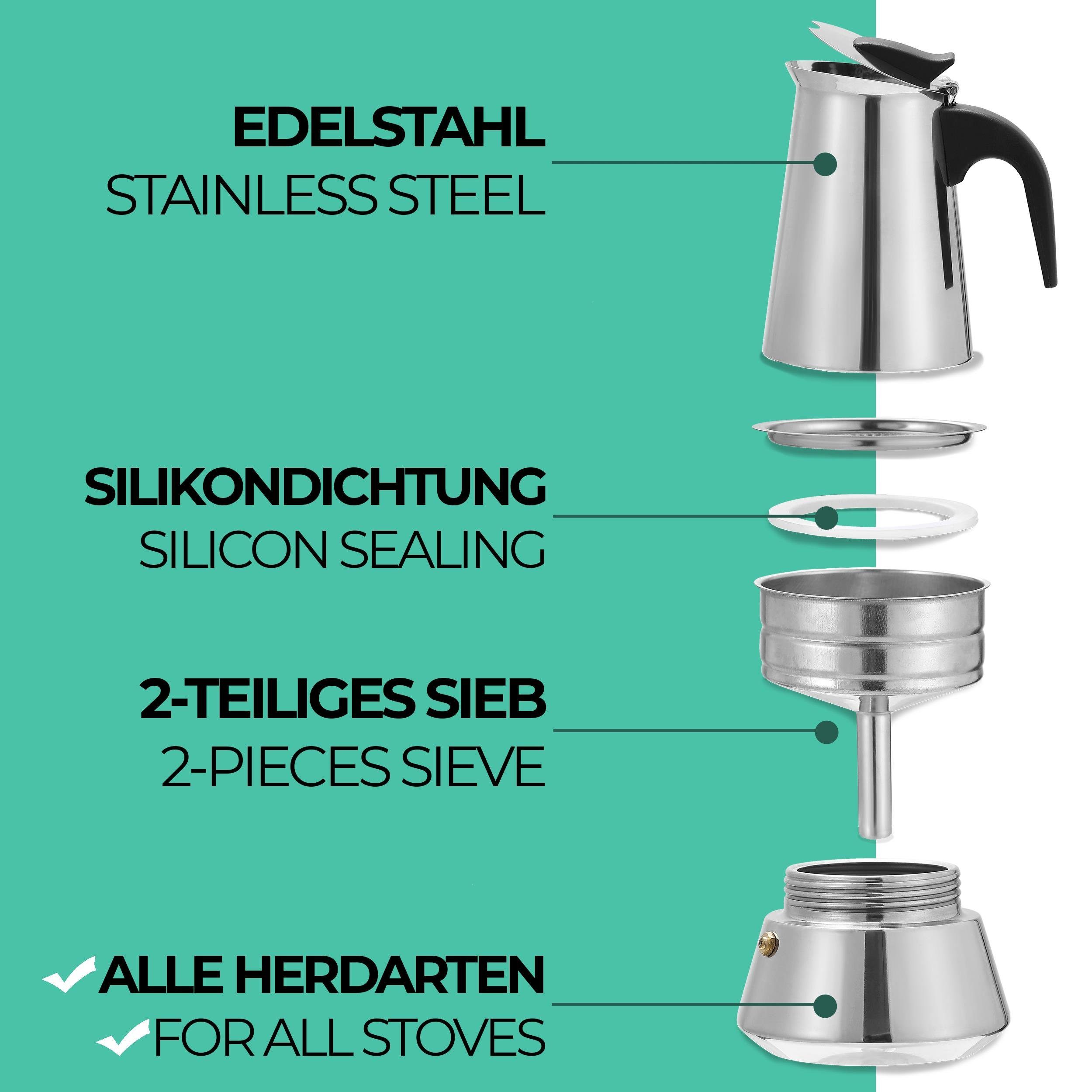 geeignet Espressokocher Rostfrei Reinigungsbürste Tassen, - - Edelstahl 6 Cosumy Cosumy und für mit Espressokocher Set Dosierlöffel Induktion