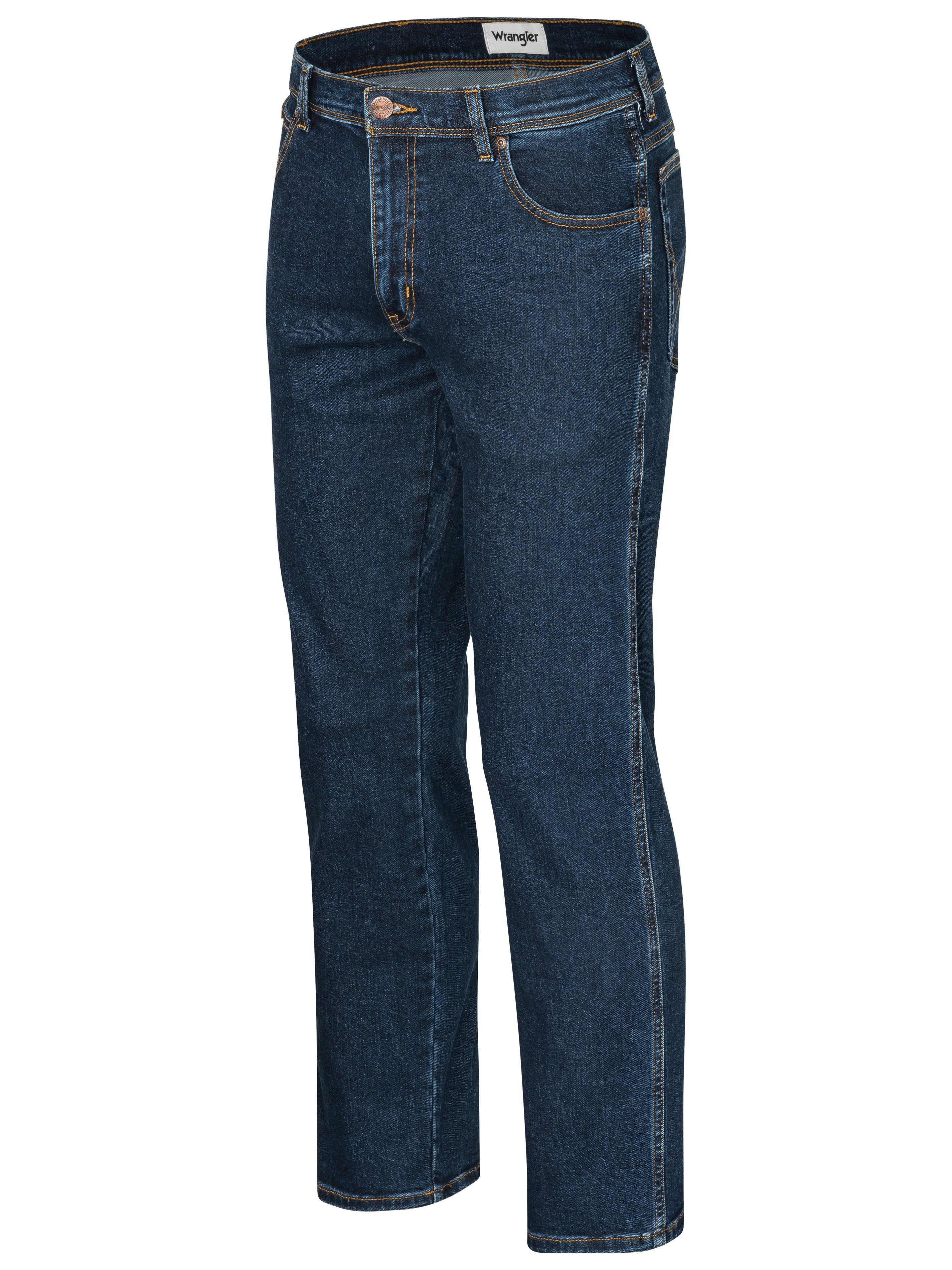Wrangler Straight-Jeans Texas Authentic Darkstone mit Gürtel Gürtel + Jeans Stretch brauner Straight Herrenjeans