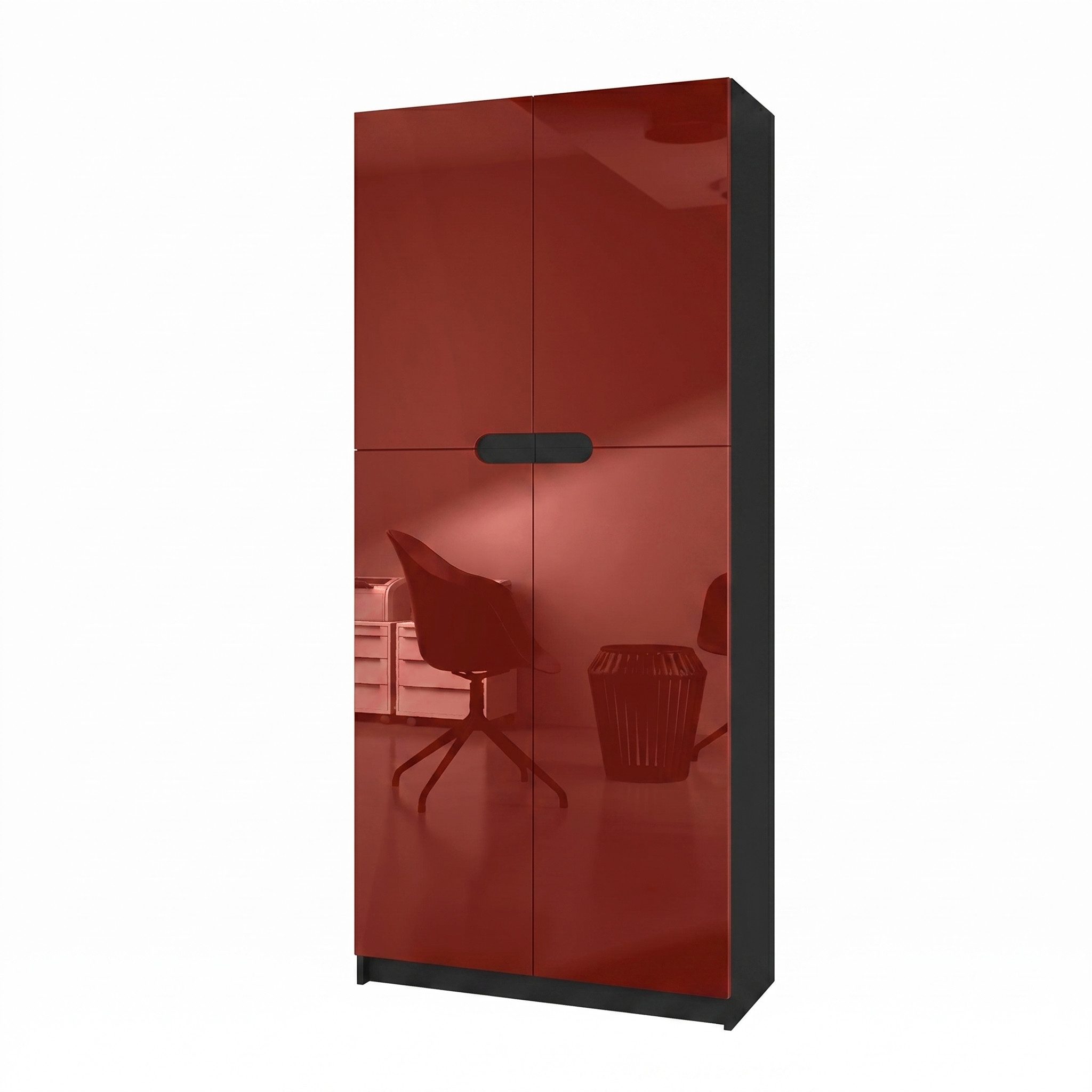 Vladon Aktenschrank Logan (Aktenschrank, mit 5 Fächern und 4 Türen) Schwarz matt/Bordeaux Hochglanz (82 x 184 x 37 cm)