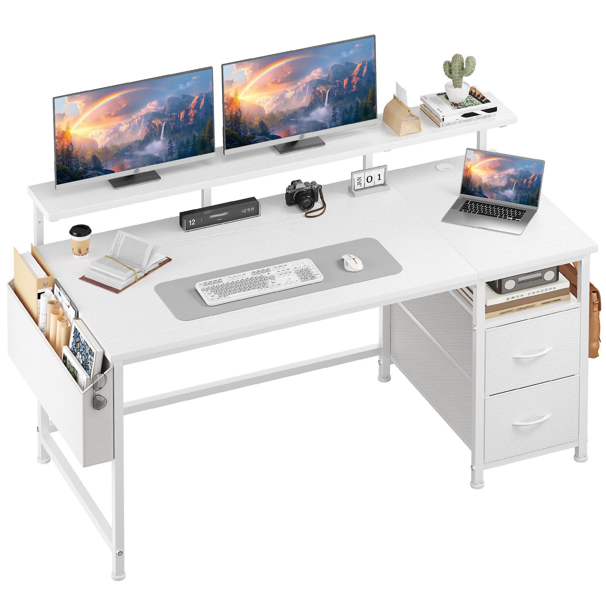 Klyvvo Eckschreibtisch Computertisch, Schreibtisch mit 2 Schubladen Bieten Stauraum (1-St., mit Monitorständer, 2 Ablagehaken), Kompakte Maße Passen Gut in Studierende, Home-Office-Arbeiter