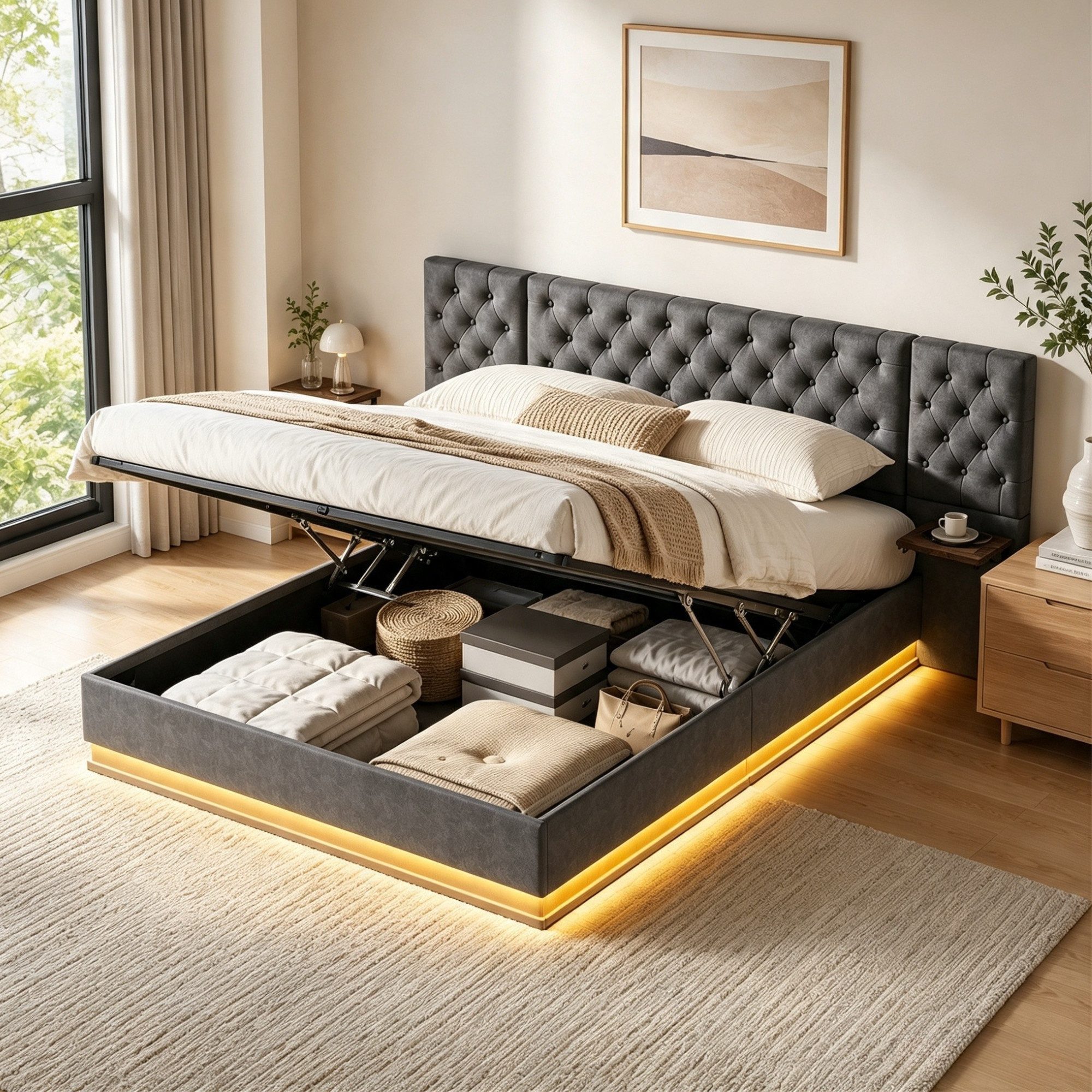 Simurq Polsterbett Hydraulisches Stauraumbett 140x200 cm mit 2 Nachttische, LED&USB (1-tlg., Linen Doppelbett mit LED und Kabelloser Ladefunktion), Jugendbett Bettgestell Schlafzimmer Komplett