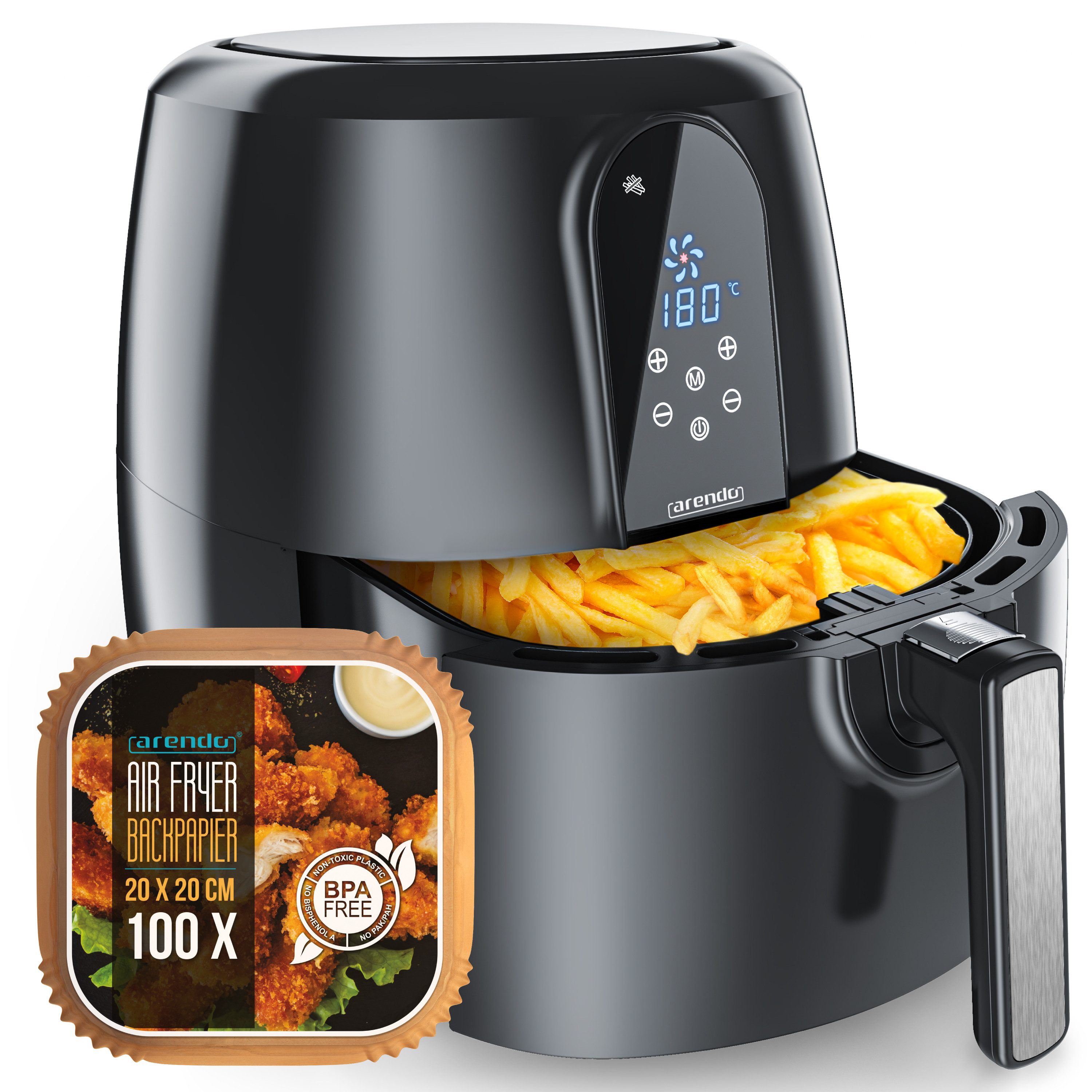 Arendo Heißluftfritteuse XXL Airfryer 5,2 Liter, bis 200 Grad, 3D Umluftsystem, Display, 1800 W, Fritteuse, Heissluftfritteuse, Frittieren ohne Öl, Timer, 7 Programme