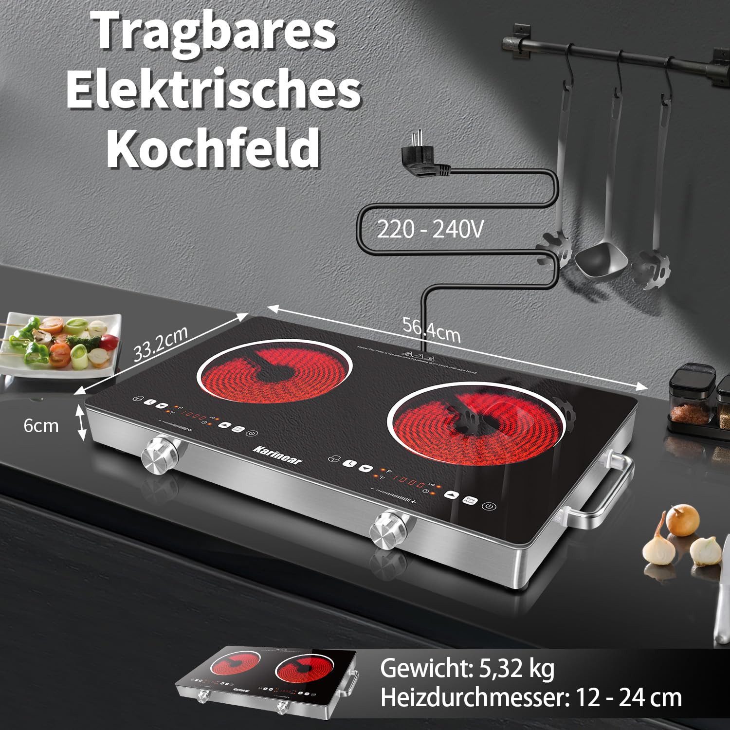 Karinear Induktions-Kochfeld Kochplatten 2er Elektrisch mit Stecker, 3200W 2 Kochfelder, 240V – Bild 2 von 5