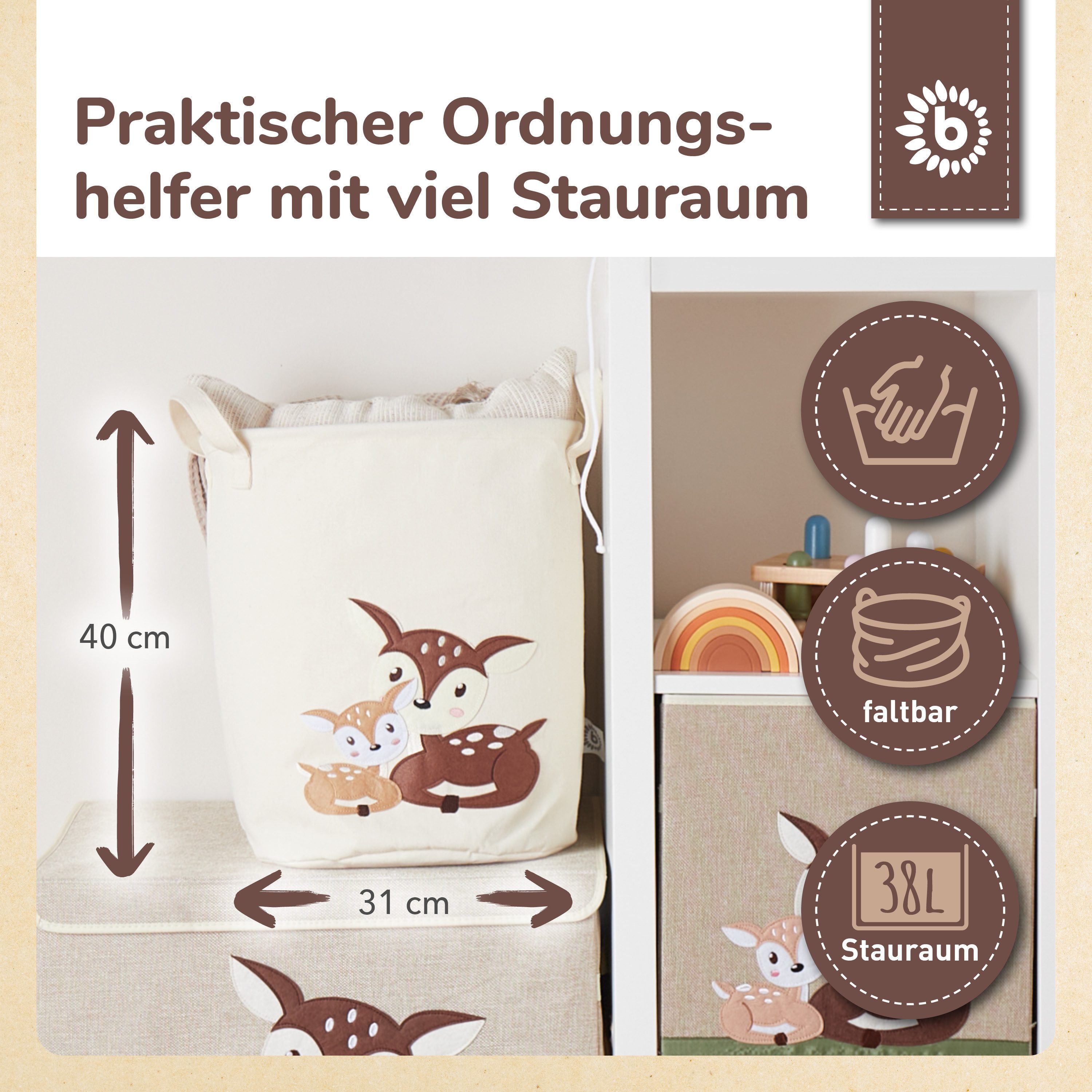 BIECO Wäschetasche Wäschekorb Baby Rehe Aufbewahrungskorb Kinder Wasserabwe günstig online kaufen