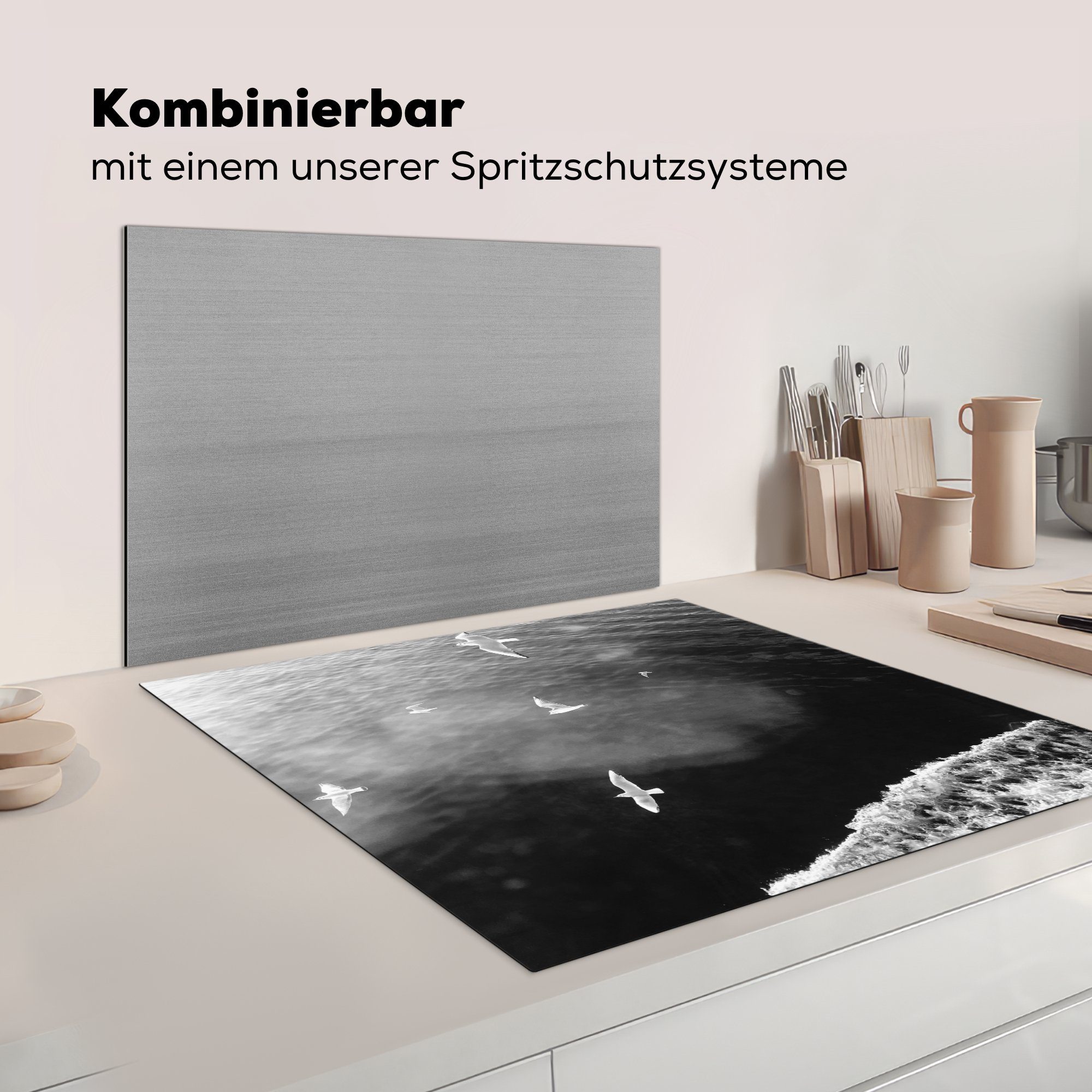 - Ceranfeldabdeckung, Herdblende-/Abdeckplatte küche tlg), Vinyl, Weiß - cm, Schwarz für Wattenmeer - Arbeitsplatte 78x78 (1 Möwe, MuchoWow