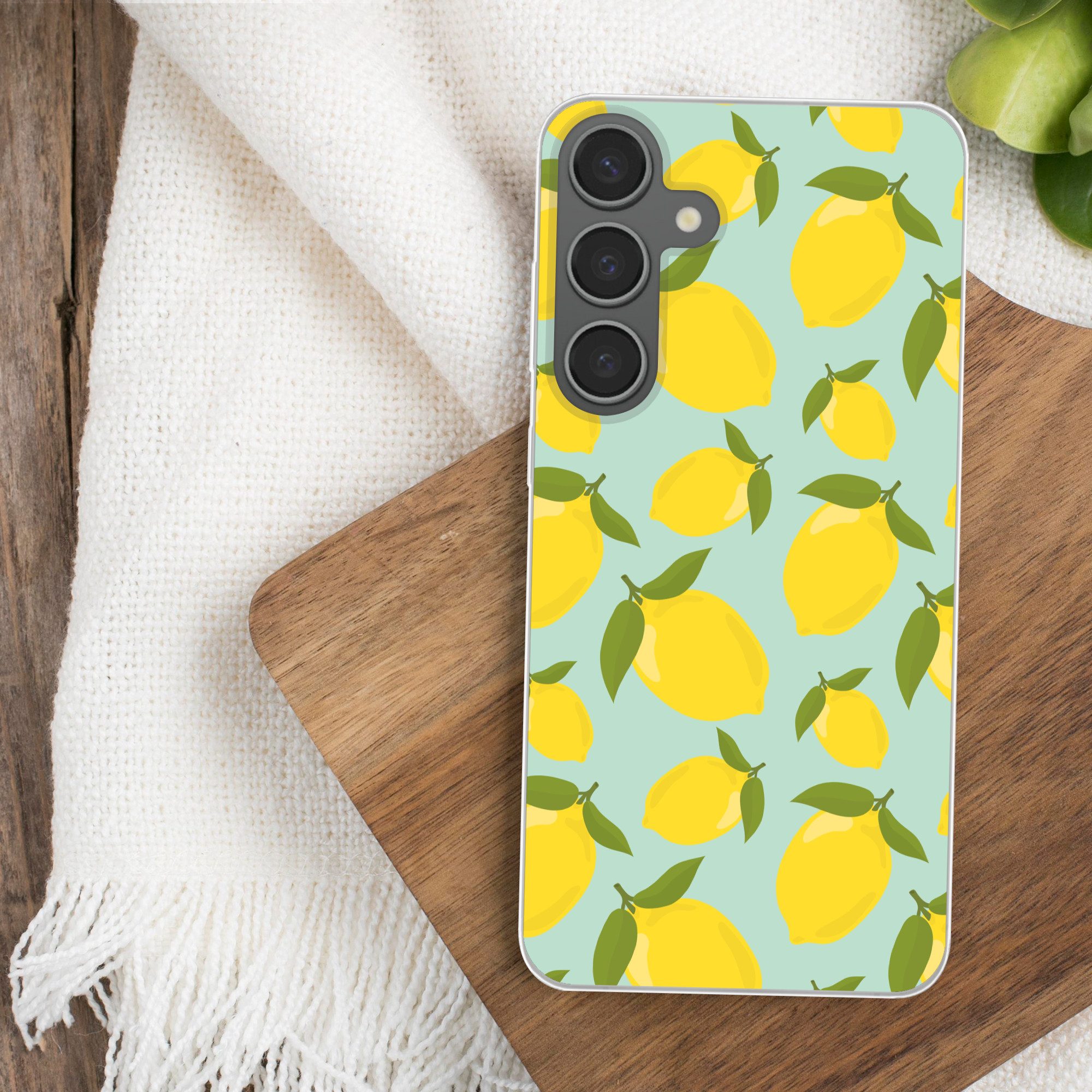 MuchoWow Handyhülle für Samsung Galaxy S24 Plus Muster Zitronen - Gelb - Blau - Muster - F, Phone Case, Silikon, Schutzhülle Dünn