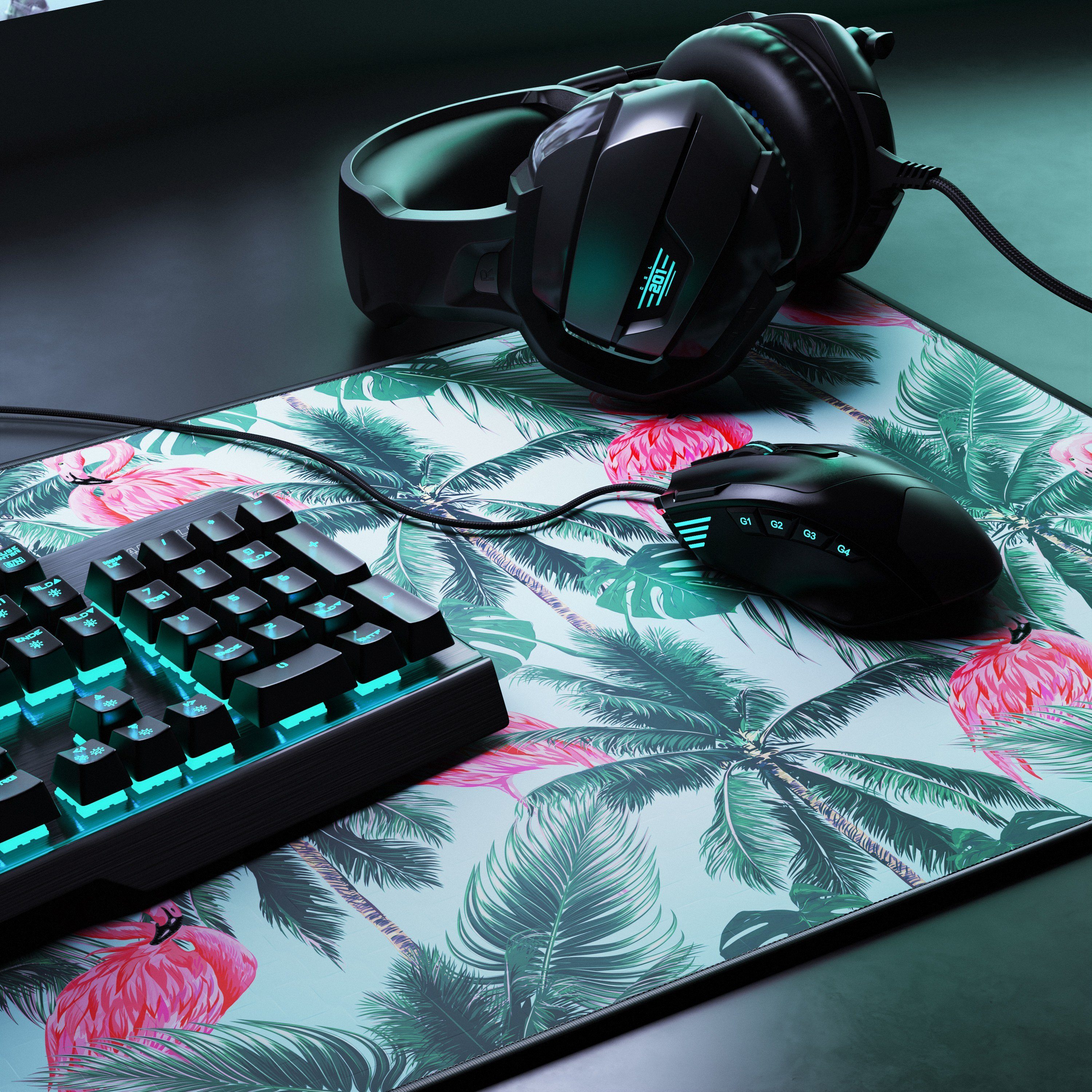 CSL Gaming Mauspad XXL Speed Mousepad 900 x 400 x 3 mm, große Tischunterlage, rutschfest, abwaschbar, Geschwindigkeit & Präzision, Flamingos