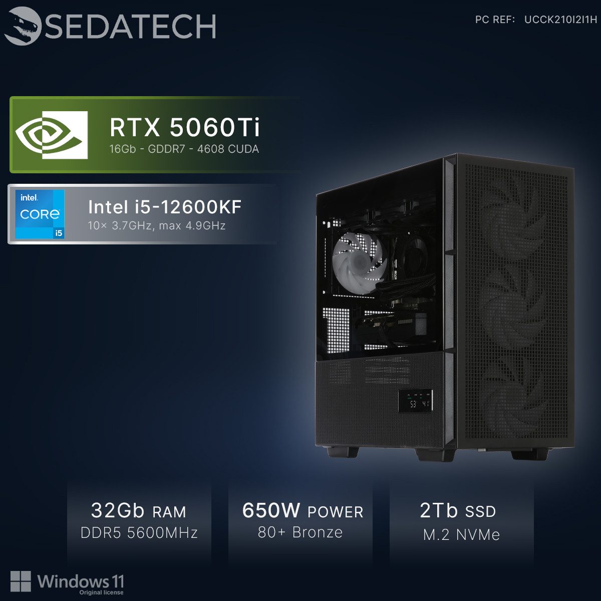 Sedatech UCCK210I2I1HF - Watercooling Gaming-PC (Intel Core i5 12600KF 10x 3.7GHz (max 4.9GHz), Geforce RTX5060Ti (16G) 16GB, 32 GB RAM, 2000 GB SSD, Watercooling, Wlan 6)