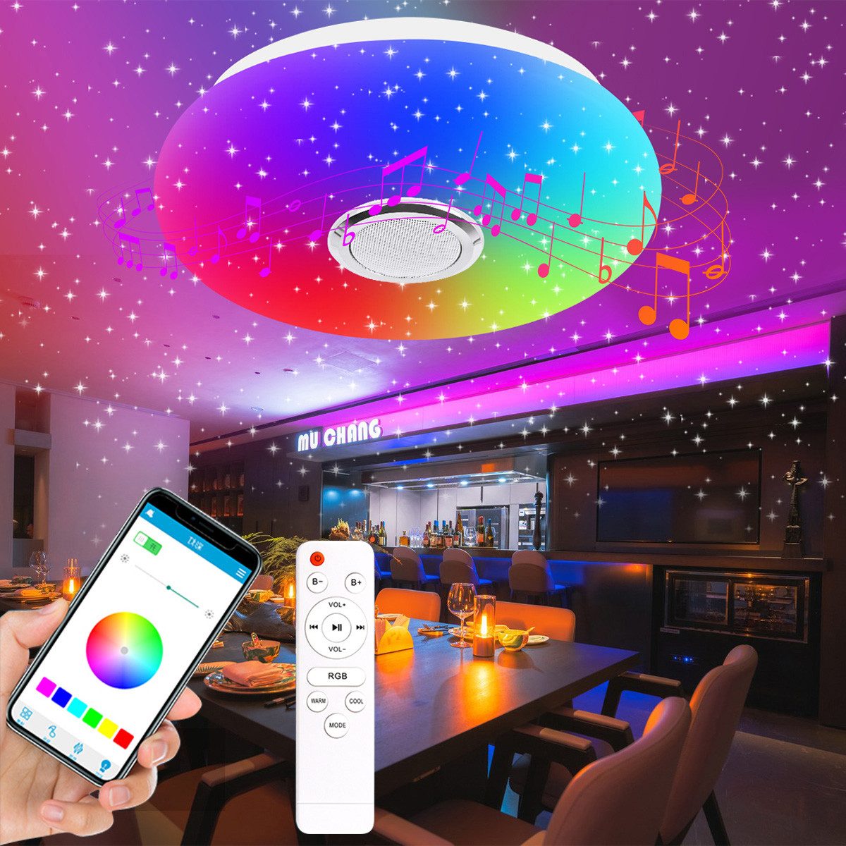 yozhiqu LED-Musik-RGB-Deckenleuchte mit Farbwechsel und Fernbedienung Smarte Lampe, Mit Bluetooth-Lautsprecher, Smartphone-App, Unterputzmontage