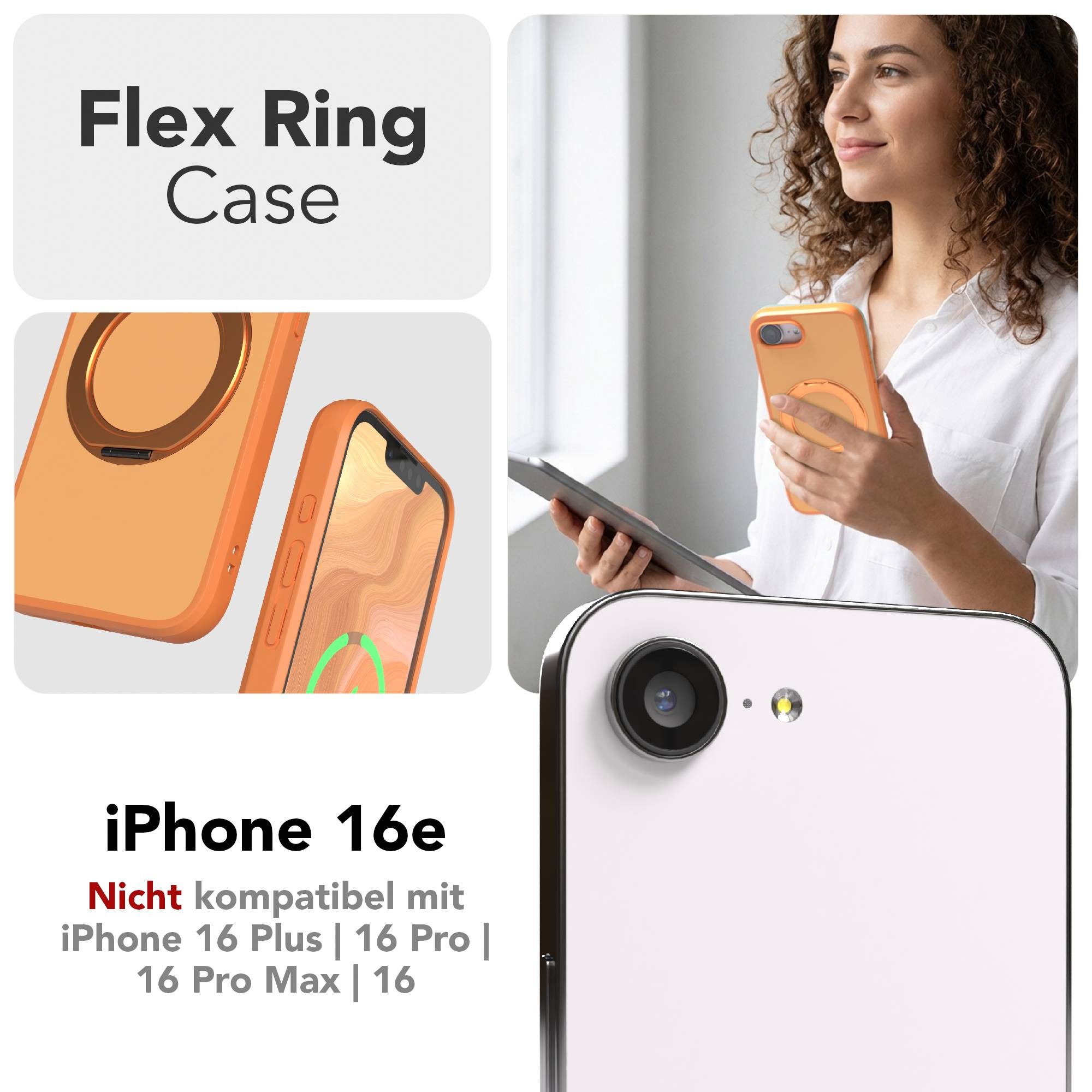 EAZY CASE Handyhülle Outdoor Apple iPhone 16e Case MagSafe Rotation Ring 6,1 Zoll, Slimcover Handyhülle Outdoor zum Aufstellen mit Ring modern in Orange