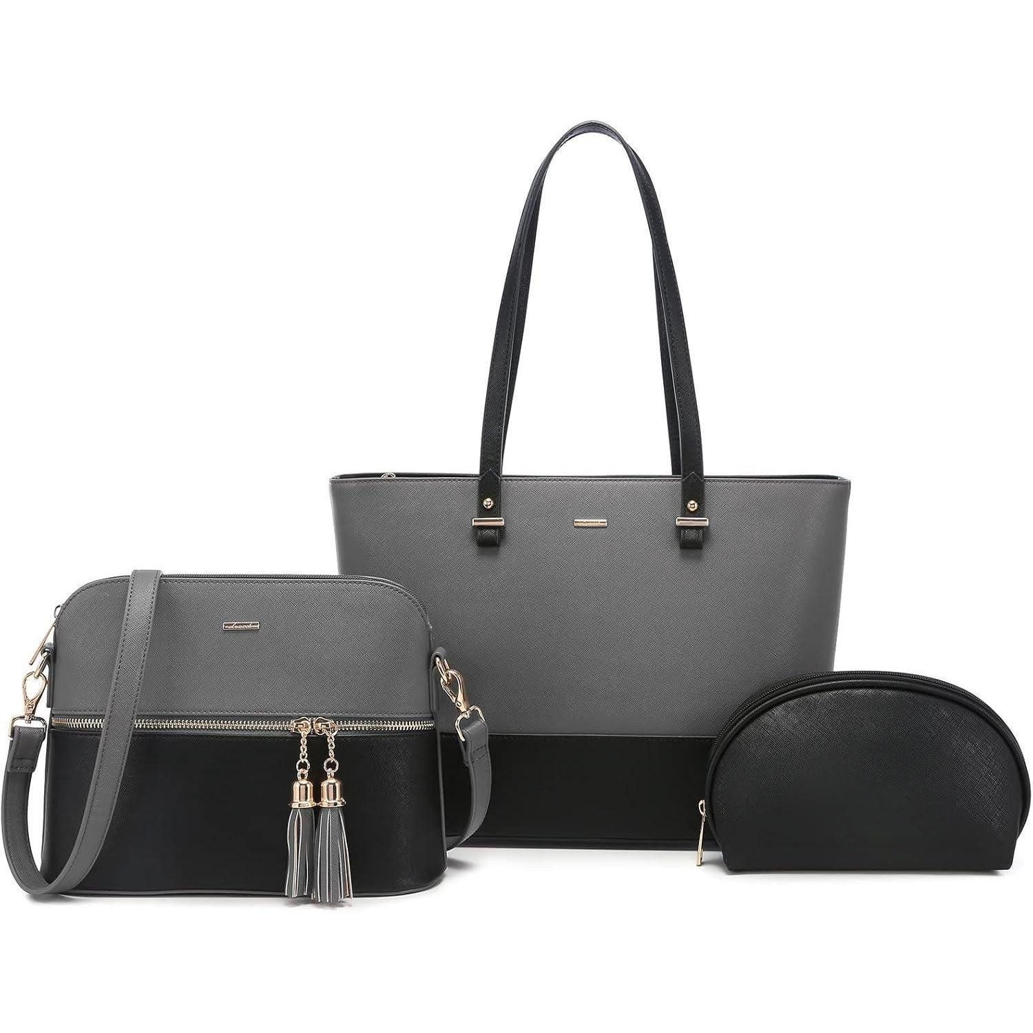 Handtasche Handtasche Damen Shopper Schultertasche Leder Set C Grau-schwarz
