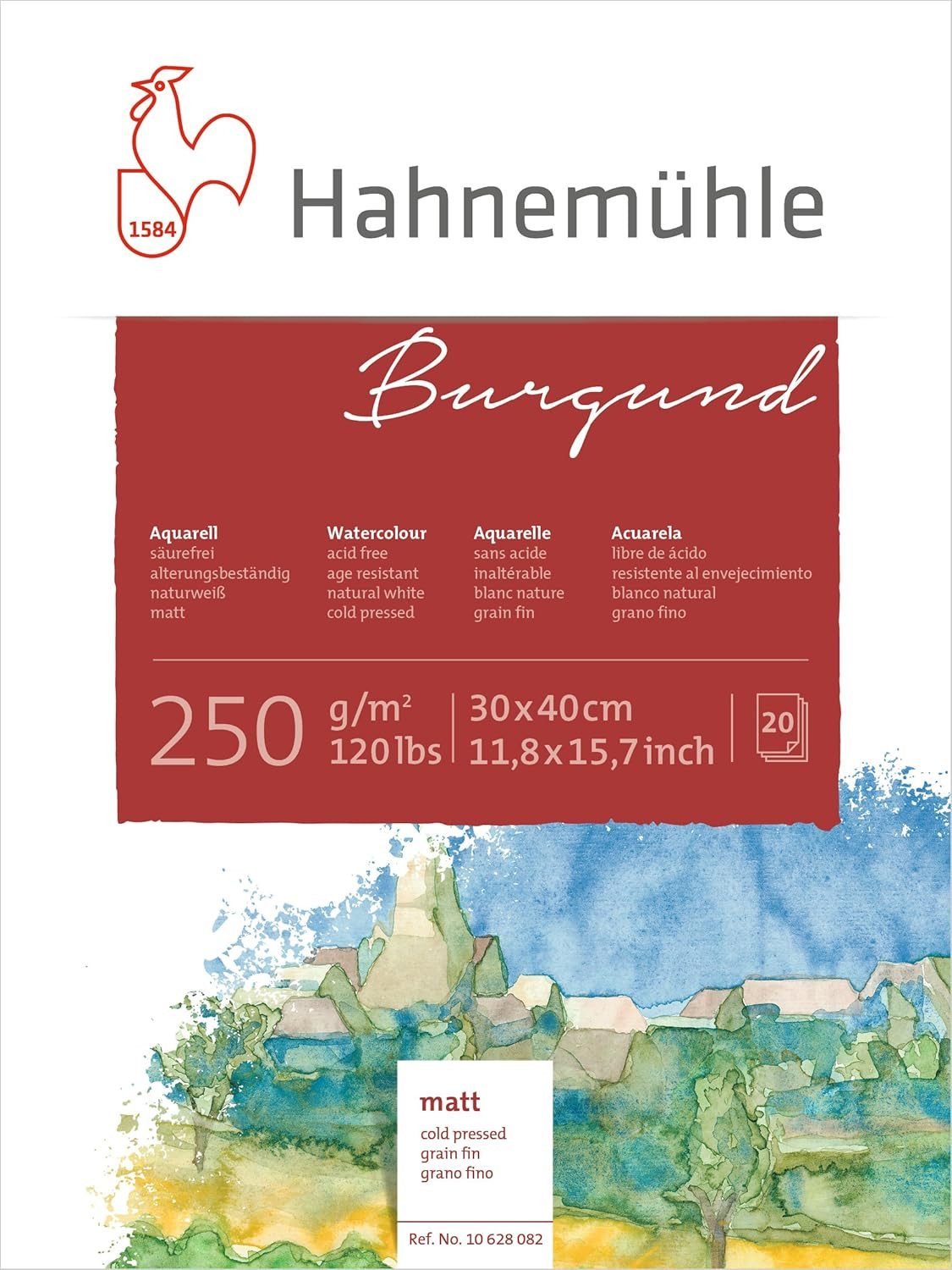 Hahnemühle Aquarellblock Burgund, 30x40cm, 250g/m², 20 Blatt Matt, Cold Pressed