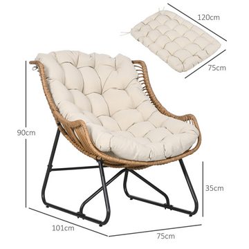 Outsunny Gartenbank Rattansessel mit dickem Sitzkissen (Gartensessel, 1-St., Rattanstuhl), für Balkon, Terrasse, Stahl, Khaki, 75 x 101 x 90 cm