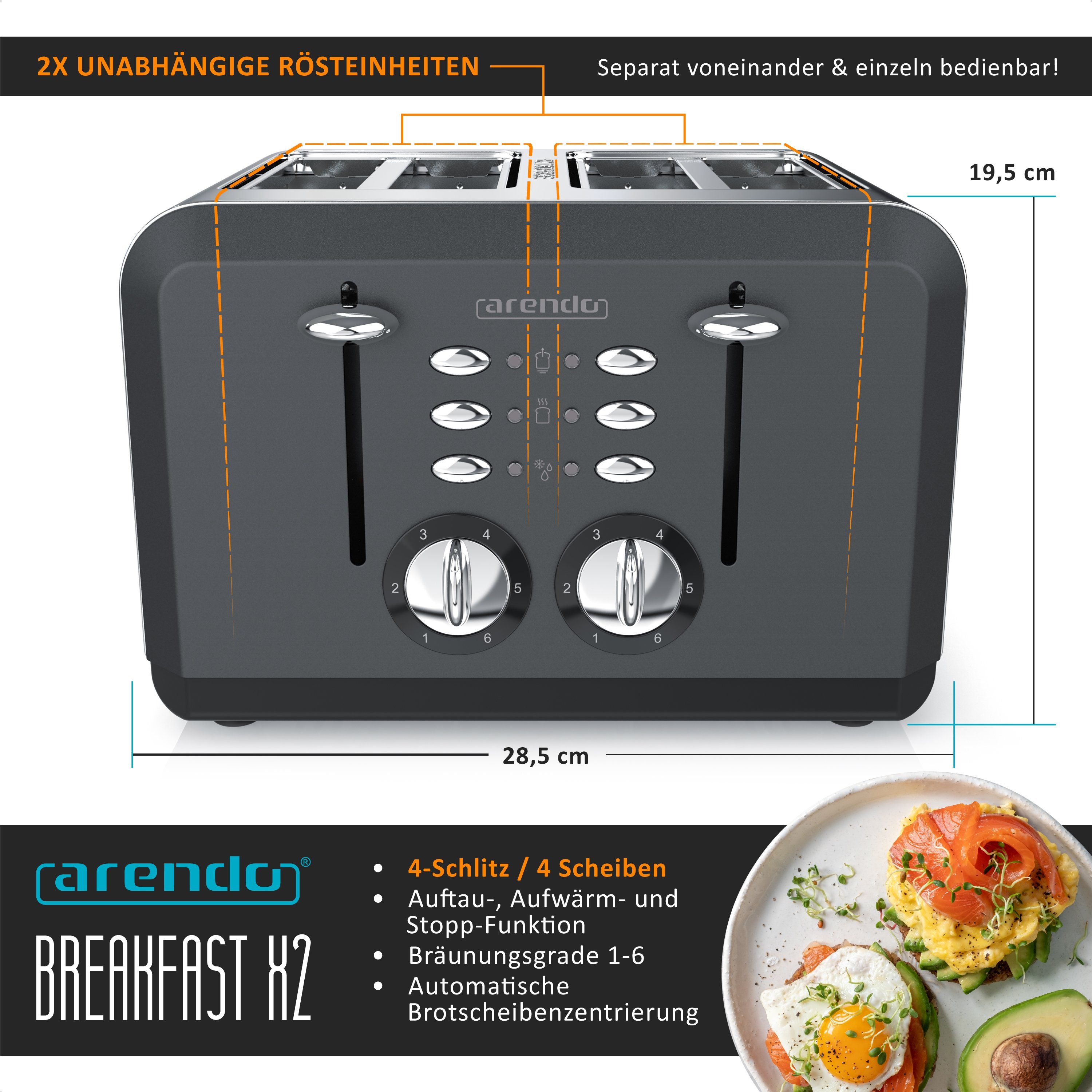 Arendo Toaster 4-Scheiben, Automatik, Edelstahl, Wärmeisolierendes Doppelwandgehäuse, 4 kurze Schlitze, für 4 Scheiben, 1630 W, Bräunungsgrad 1-6, Aufwärm- & Auftaufunktion, GS-zertifiziert