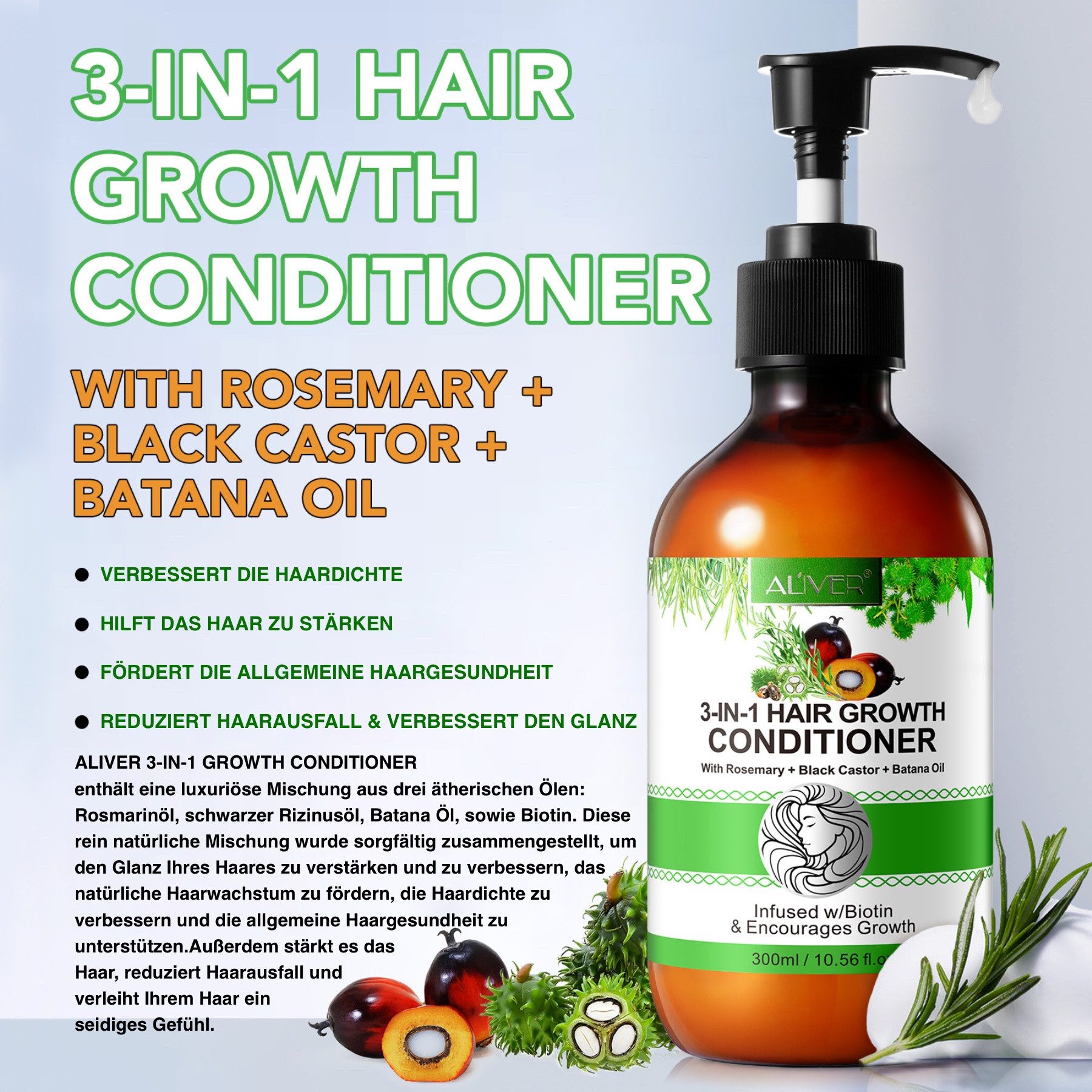 ALIVER Haarspülung Haar Conditioner Haarpflege mit Biotin Rosmarin Rizinus Batana Öl, 2-tlg.