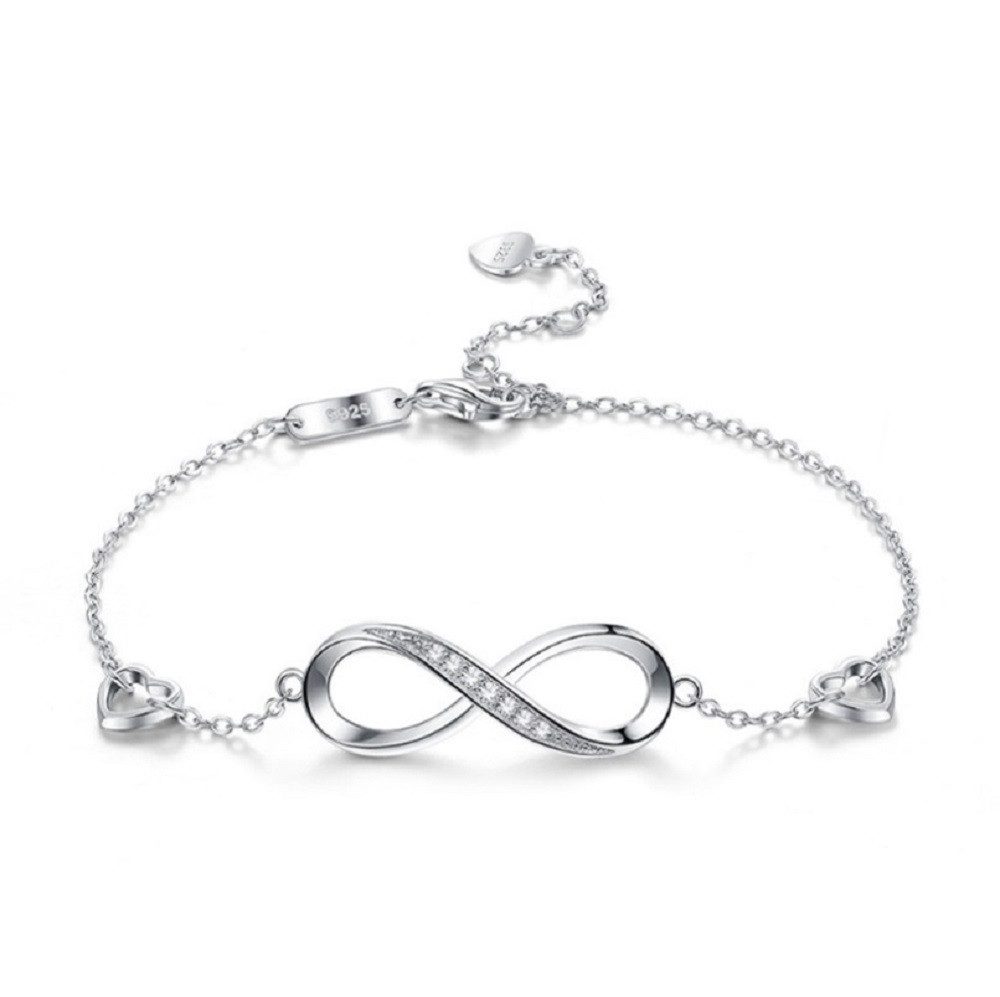 PANDACHARMS Silberarmband Infinity mit Herzen, 925er Silber mit Zirkonia, Länge variabel 18-20cm