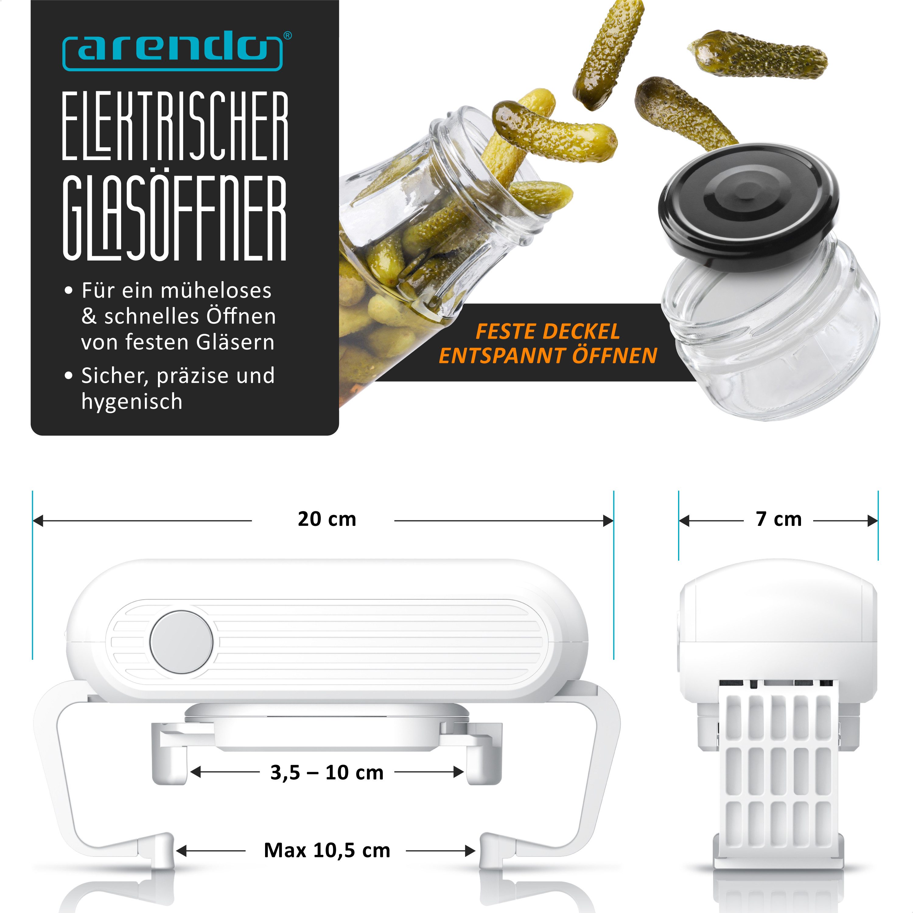 Arendo Elektrischer Dosenöffner Deckelöffner für versiegelte Gläser, Automatischer Glasöffner, Küchenhelfer, Freihändiger Schraubdeckelöffner für 3,5 bis 10 cm Ø