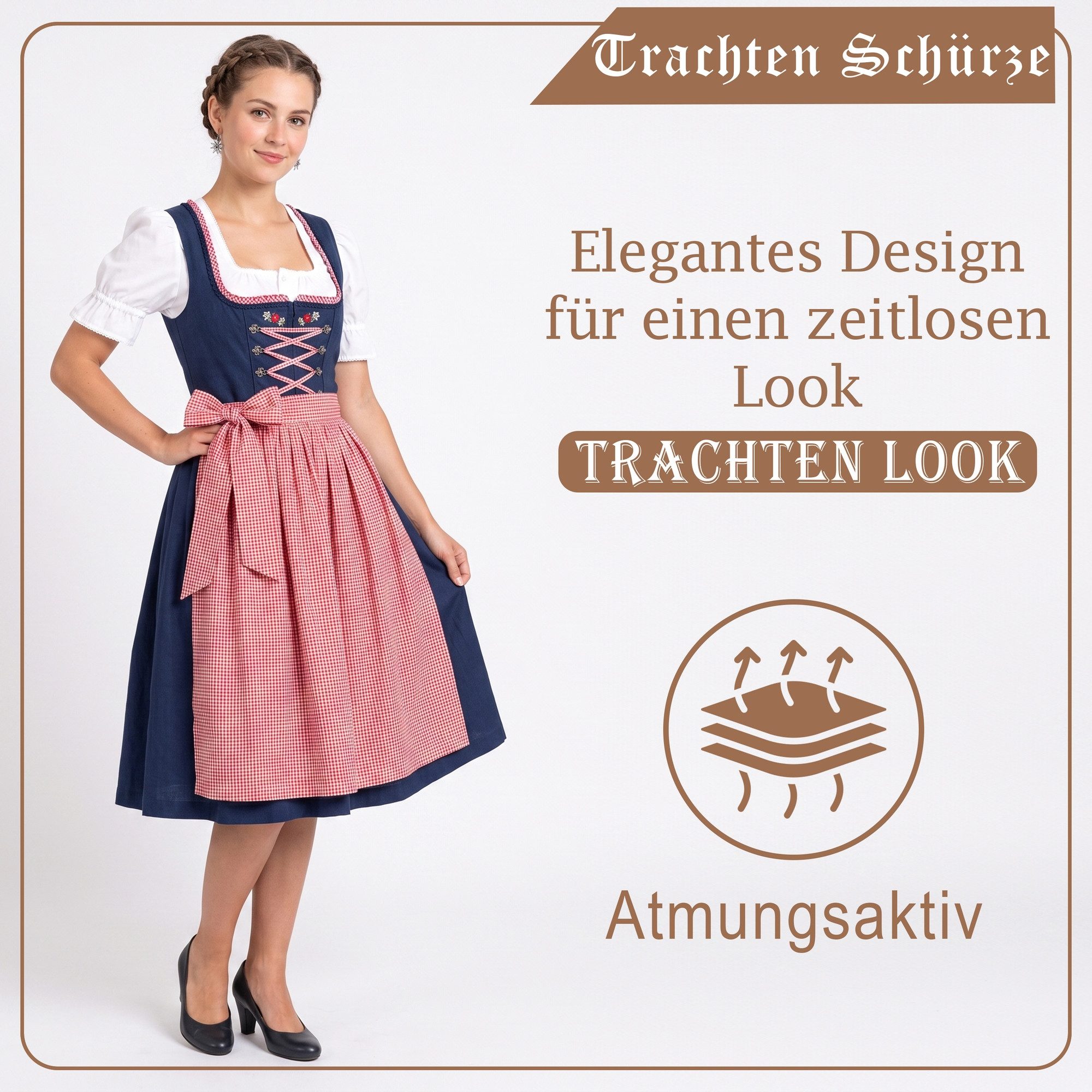 German Wear Dirndlschürze GW1604-1 Rot, Dirndlschürze Trachtenschürze Mini Dirndl Dirndel Rot Kariert – Bild 4 von 5
