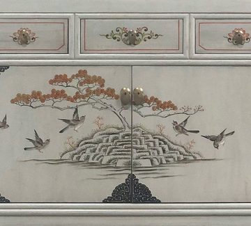 OPIUM OUTLET Kommode Asia Schrank Sideboard orientalisch chinesisch (handbemalt, komplett montiert), dezenter Vintage-Stil, asiatisch, hellgrau-beige
