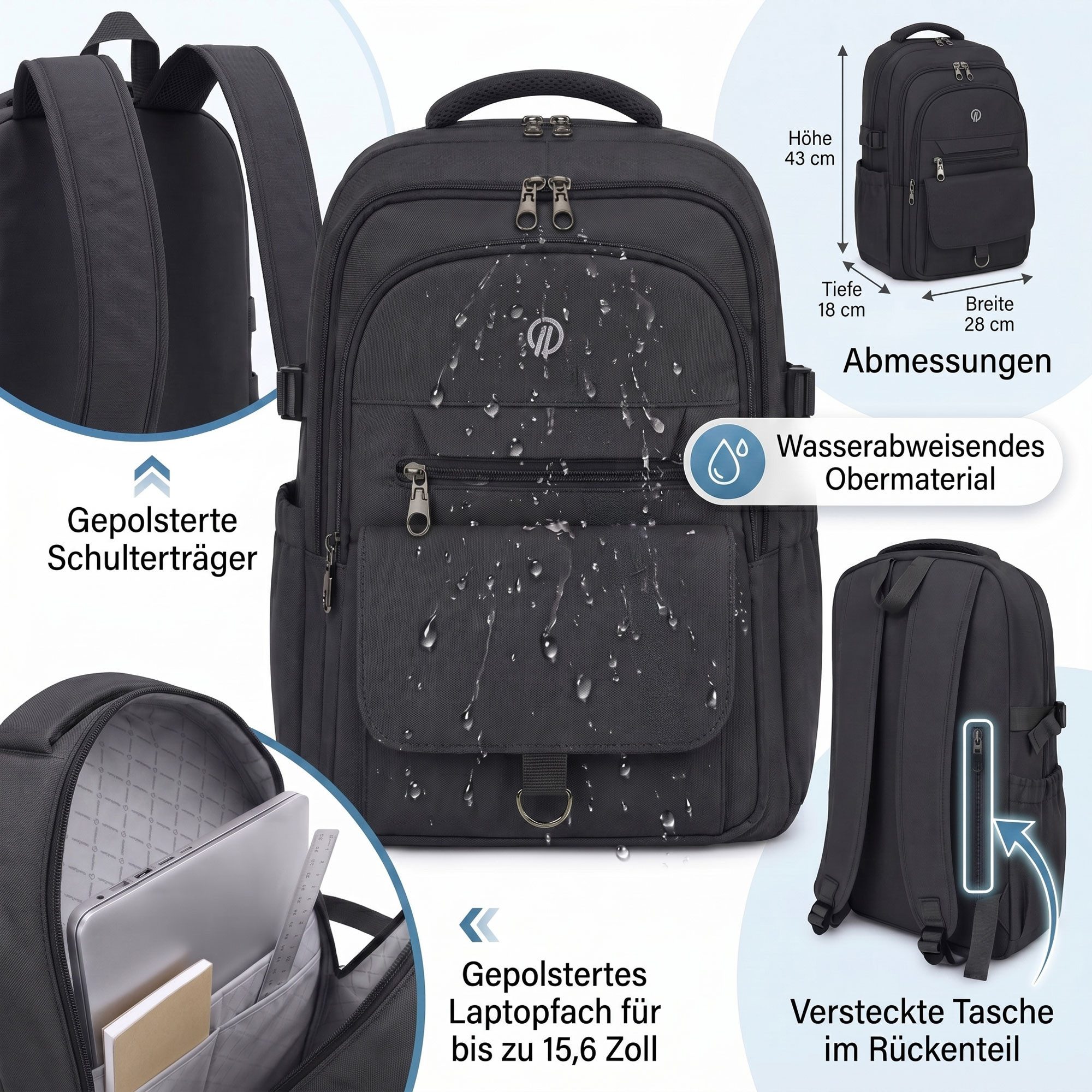 HELLSER Laptoprucksack Unisex Cityrucksack Laptop 15,6 Zoll – 25L Kompakt & Modern 43x28x18cm, für Schule, Uni, Alltag & als Handgepäck – versteckte Tasche hint – Bild 5 von 5