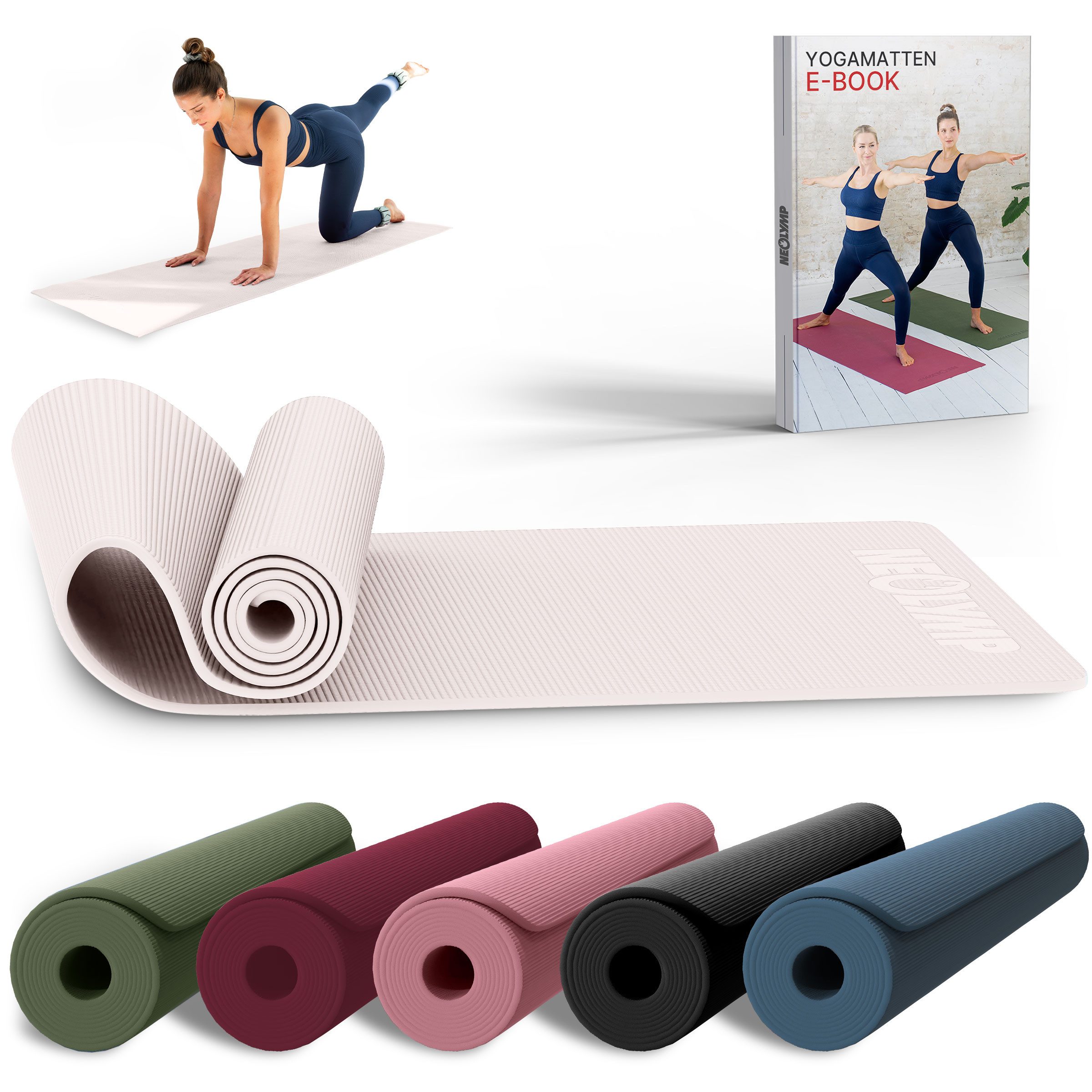NEOLYMP Yogamatte Yogamatte rutschfest & gelenkschonend – Gelenkschonende Gymnastikmatte (Pilates Matte für Yoga, Workout – inkl. E-Book & Video Übungen), Fitnessmatte für Zuhause – 183x61cm Trainingsmatte aus PVC –Sportmatte
