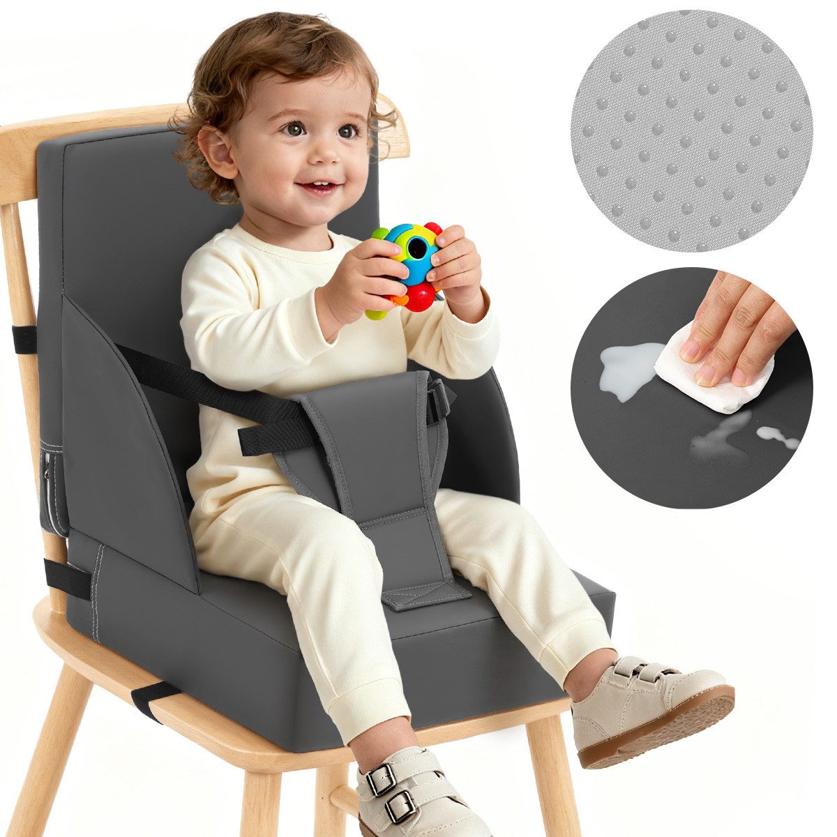 Insma Sitzkissen Kindersitzerhöhung Stuhlkissen Kunstleder 3-Punkt verstellbaren Gurten, wasserdicht, rutschfest, 34,5 × 34,5 × 9cm