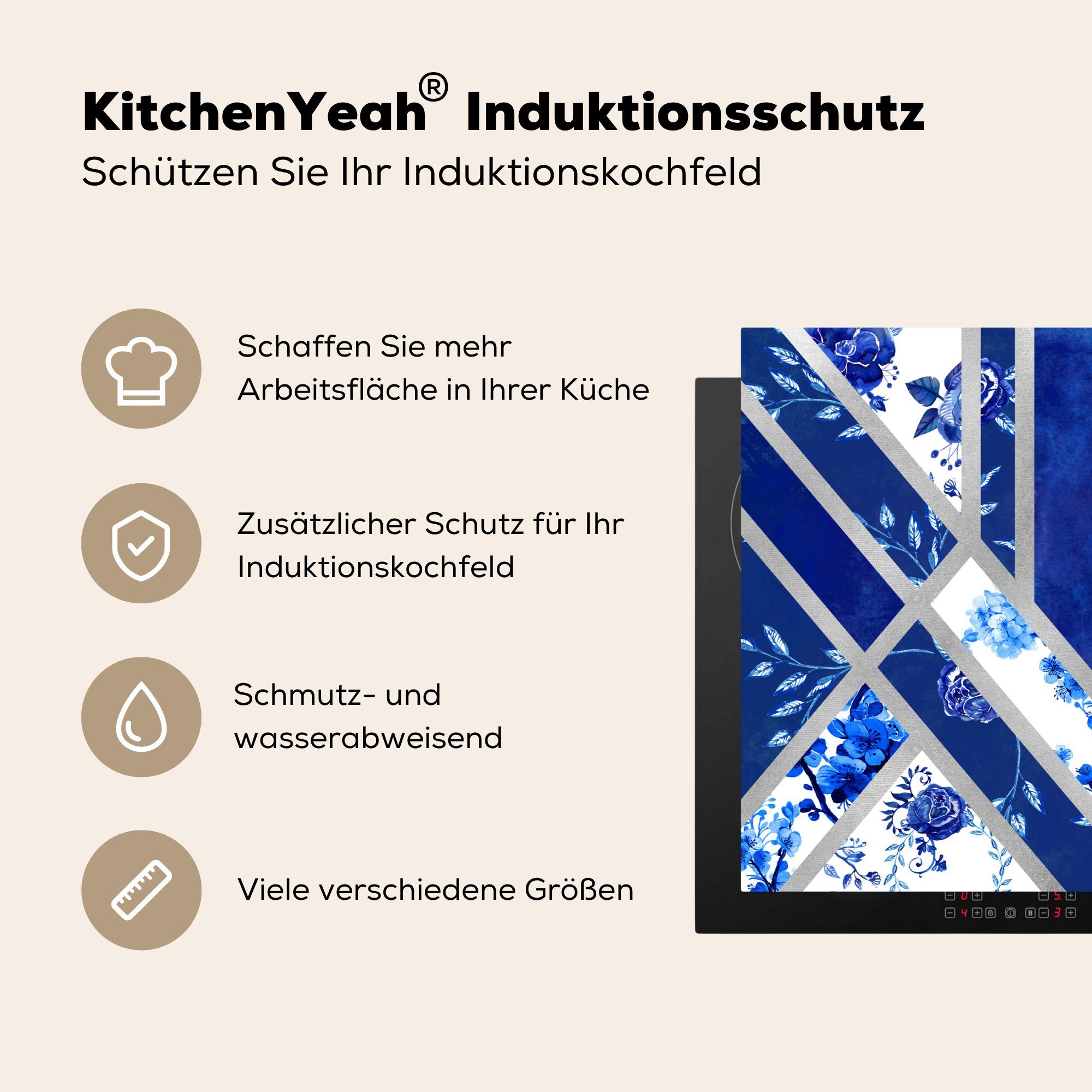Schutz - Induktionskochfeld Vinyl, für tlg), MuchoWow Herdblende-/Abdeckplatte Blau küche, die 71x52 (1 Delfter Ceranfeldabdeckung - cm, Design Abstrakt,
