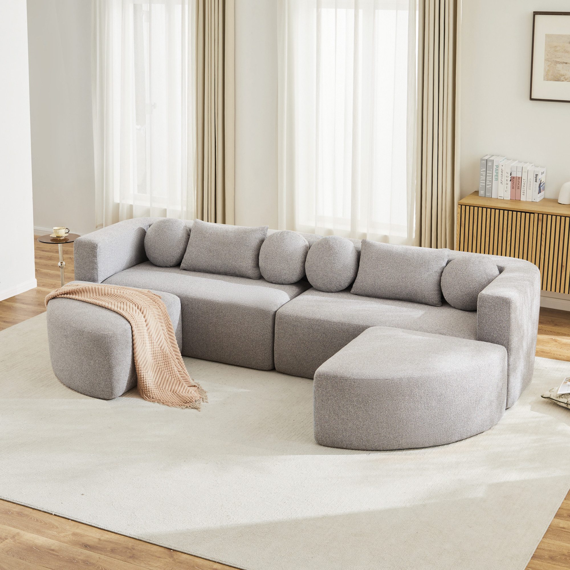 Merax Ecksofa 4-Sitzer Sofa, U-förmiges Modulare Schlafcouch mit Schlaffunktion, 1 Teile, Vollkomprimierte Cloud Couch, Chenille Soffa, Ohne Montage