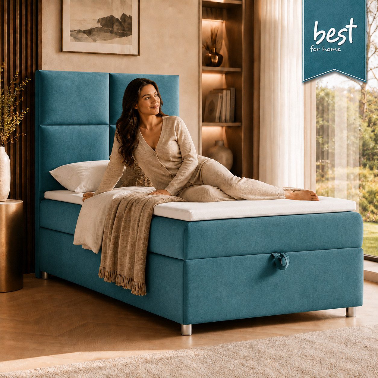 Best for Home Boxspringbett Trinity K-2 mit Bettkasten & Topper – Komfort & Stauraum (Einzelbett, Hotelbett, Polsterbett gepolstertes Kopfteil, Jugendbett, Kinderbett versch. Größen, 1-St., 70x200 80x200 90x200 100x200 cm), Einzel-Boxspringbett mit integriertem Stauraum, gepolstertem Kopfteil