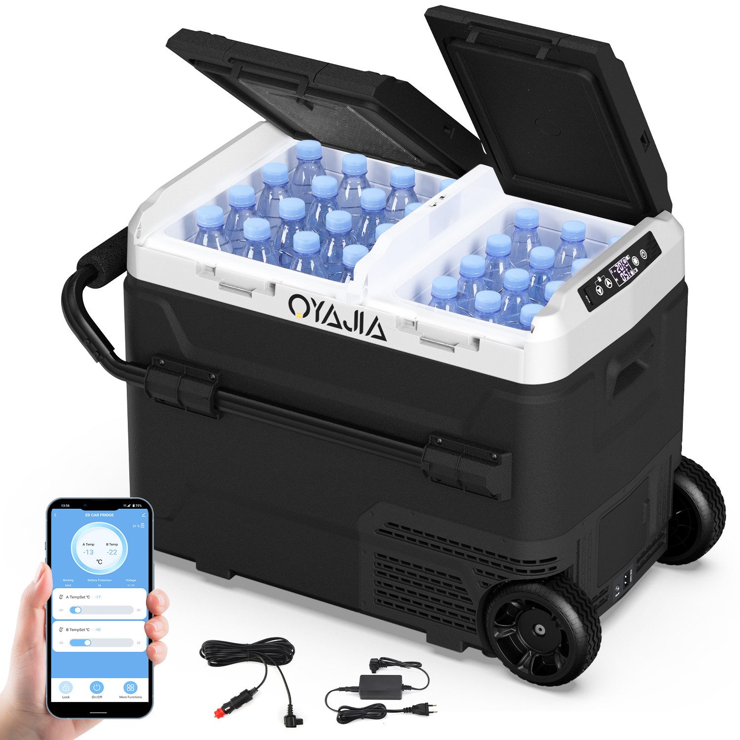 oyajia Elektrische Kühlbox Kompressor Kühlbox mit APP-Steuerung USB-Anschluss,Doppeltür Dualzonen, 55 l, Auto Kühlbox mit Rollen & Griff 12V/24V 100-240V Camping Kühlschrank