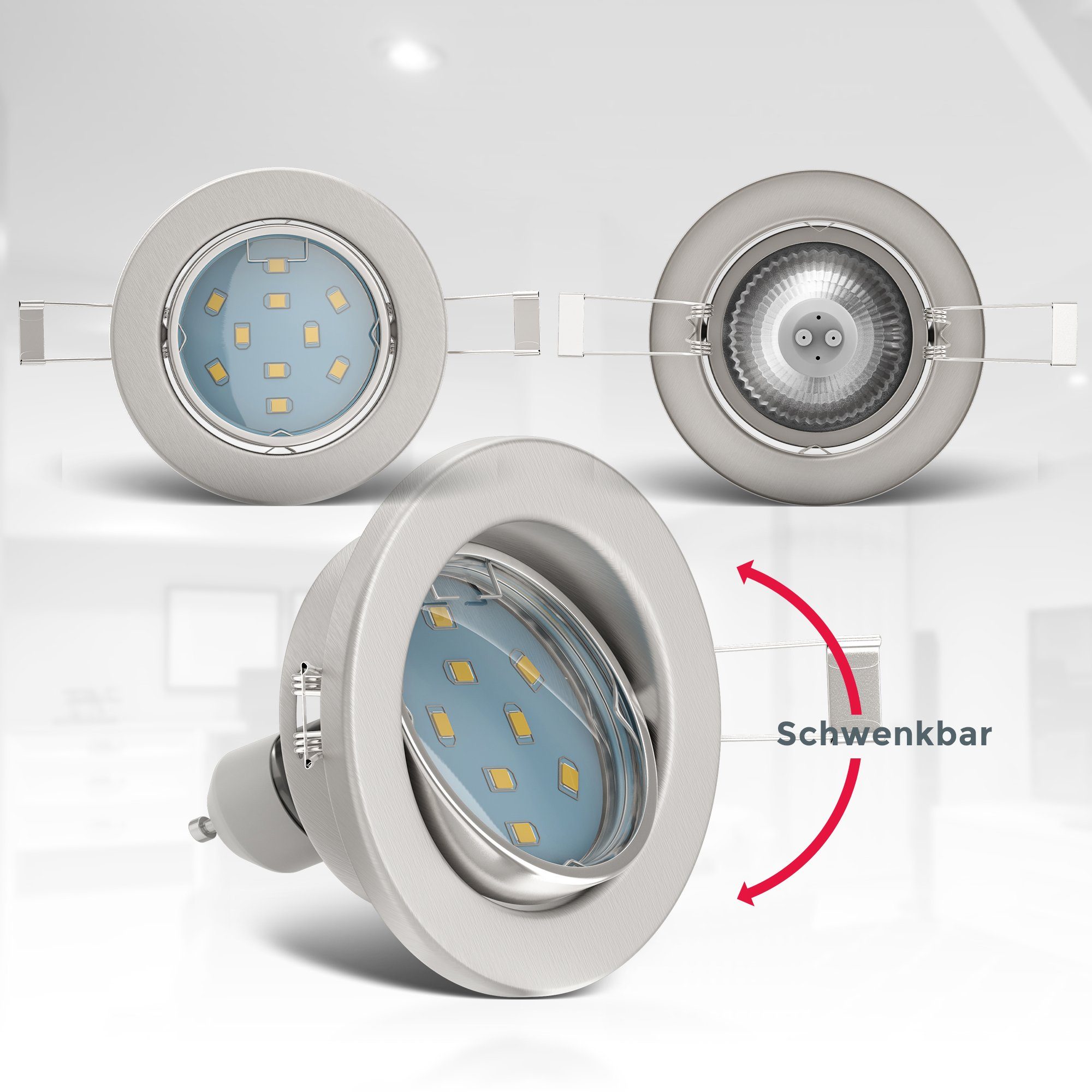 B.K.Licht LED Einbaustrahler, Leuchtmittel schwenkbar, 3W Einbauleuchten, LED Warmweiß, weiß, wechselbar, GU10, Decken-Spot inkl. 250lm