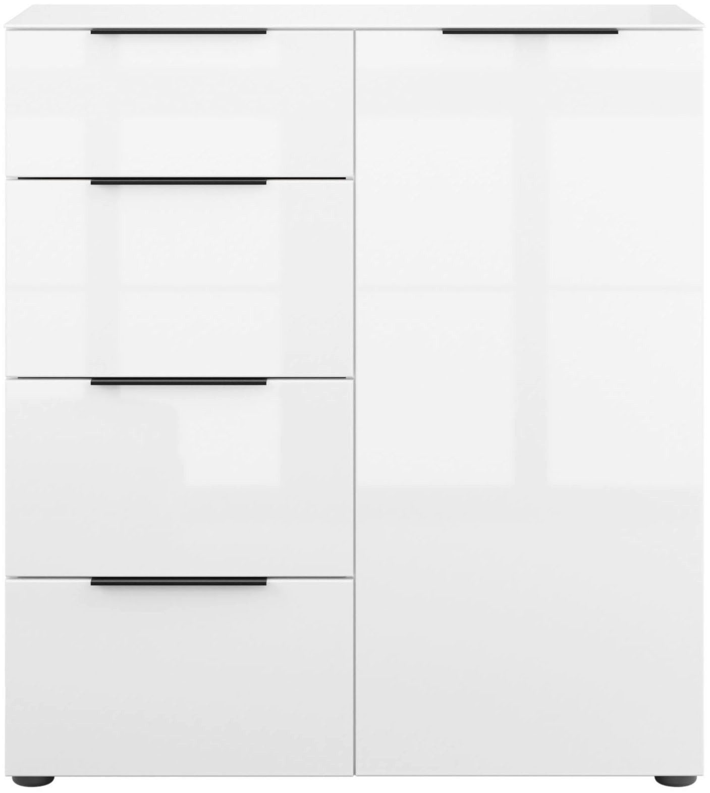 Manjana Möbel Kommode mit Chrom oder Schwarz matten Metallgriffen & Glasfront, Soft-Close, melaminbeschichteter Korpus, mit Vollauszug, Made in Germany