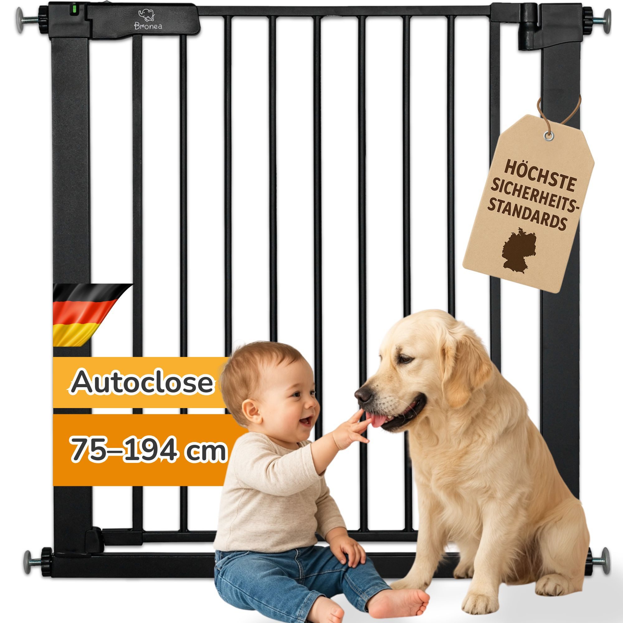 Bronea Treppenschutzgitter LUCA-M Treppengitter ohne Bohren Treppenschutzgitter Türgitter (zum Klemmen, 75-194 cm verlängerbar), 3-faches Schloss & Rot-Grün Sicherheitssystem, Auto-Close, 90° Stopp