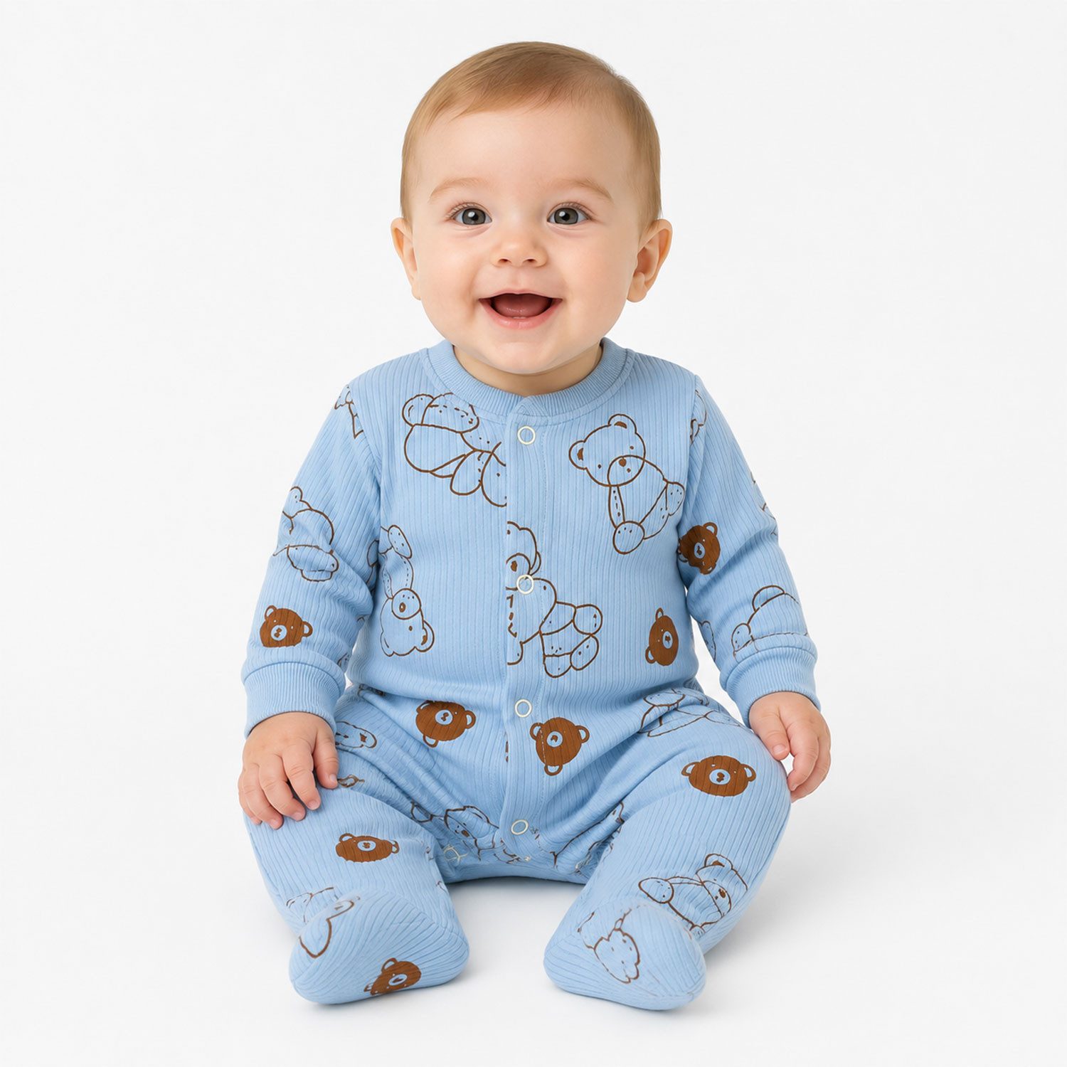 Jungengel Strampler Baby Langarm mit Füßchen Baumwolle Bärenmotiv Hellblau Unisex (Einzelartikel, 1 Baby Strampler) Neugeboren 0-3Monate, 100% Baumwolle, Atmungsaktiv, Extra Weich