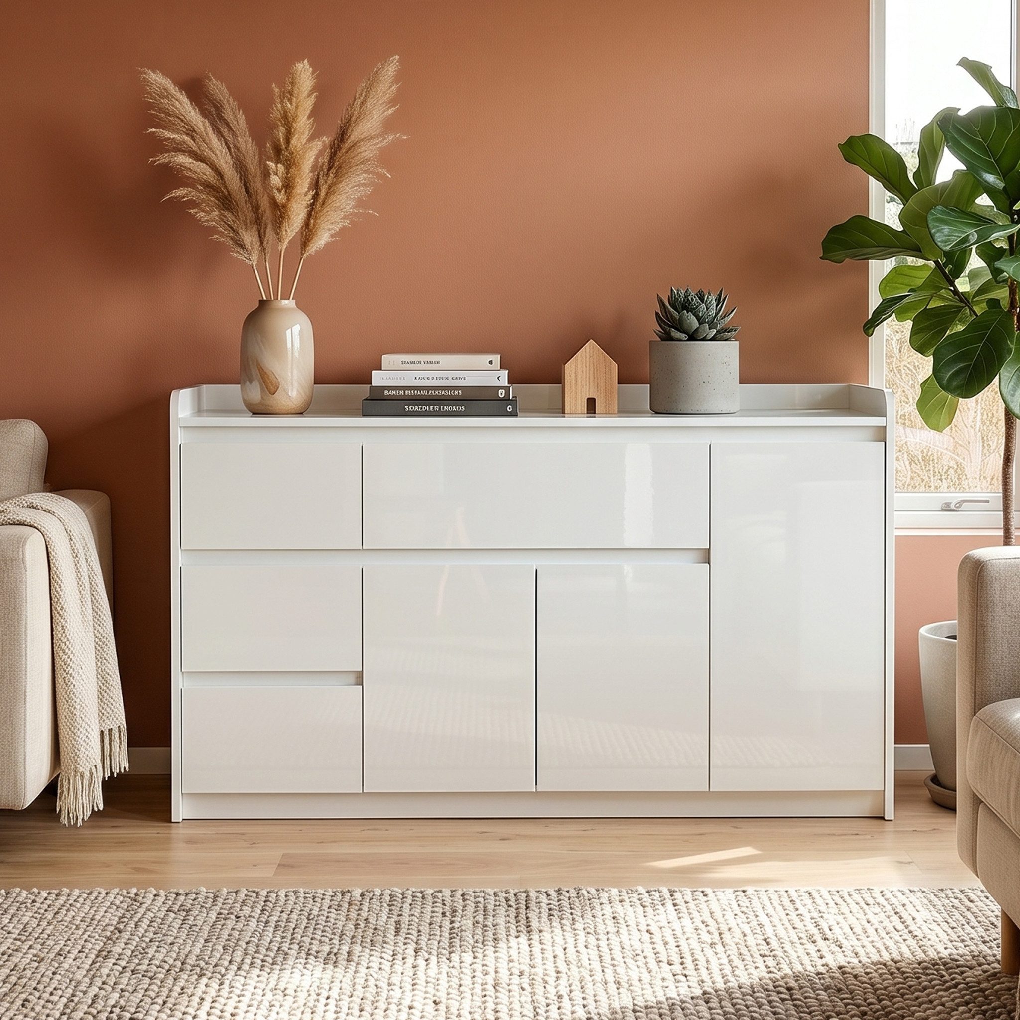 FUFU&GAGA Sideboard 143 cm hoher, weißer UV Hochglanz Kommode mit Sicherheitsreling