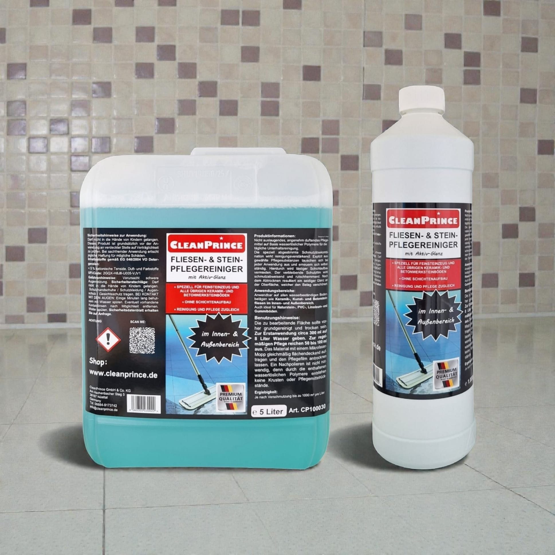 CleanPrince Fliesen- und Stein Pflegereiniger CP100030 Fliesenreiniger Steinbodenreiniger (mit Aktivglanz, für Innen und Außen)