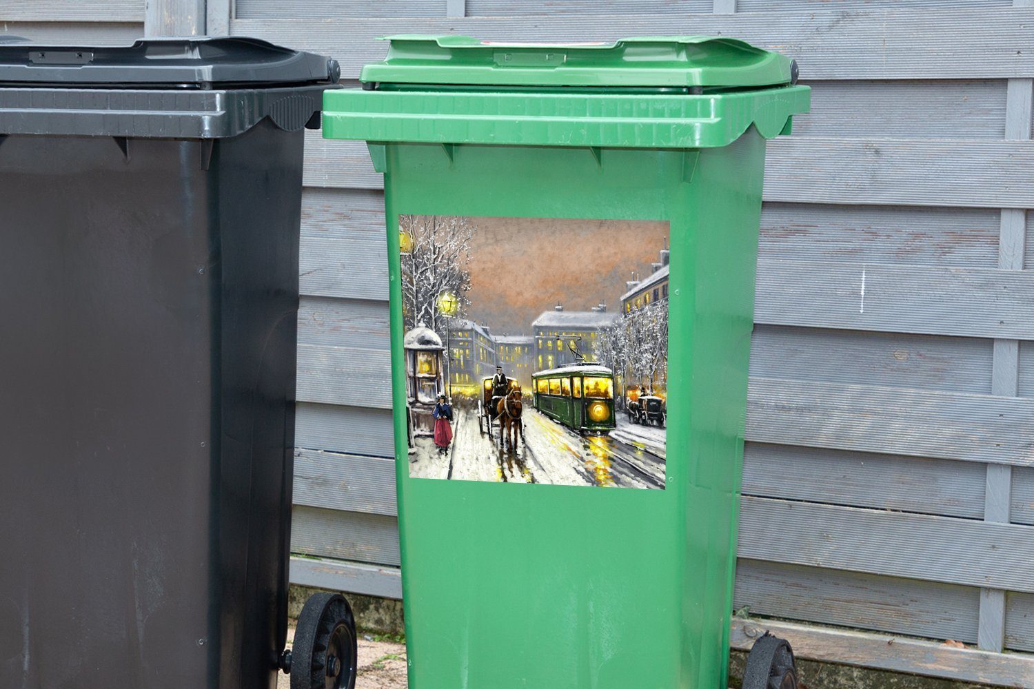 Straßenbahn Mülltonne, - (1 - Abfalbehälter - Pferd MuchoWow Mülleimer-aufkleber, Ölgemälde Sticker, - Gemälde Container, St), Wandsticker Winter