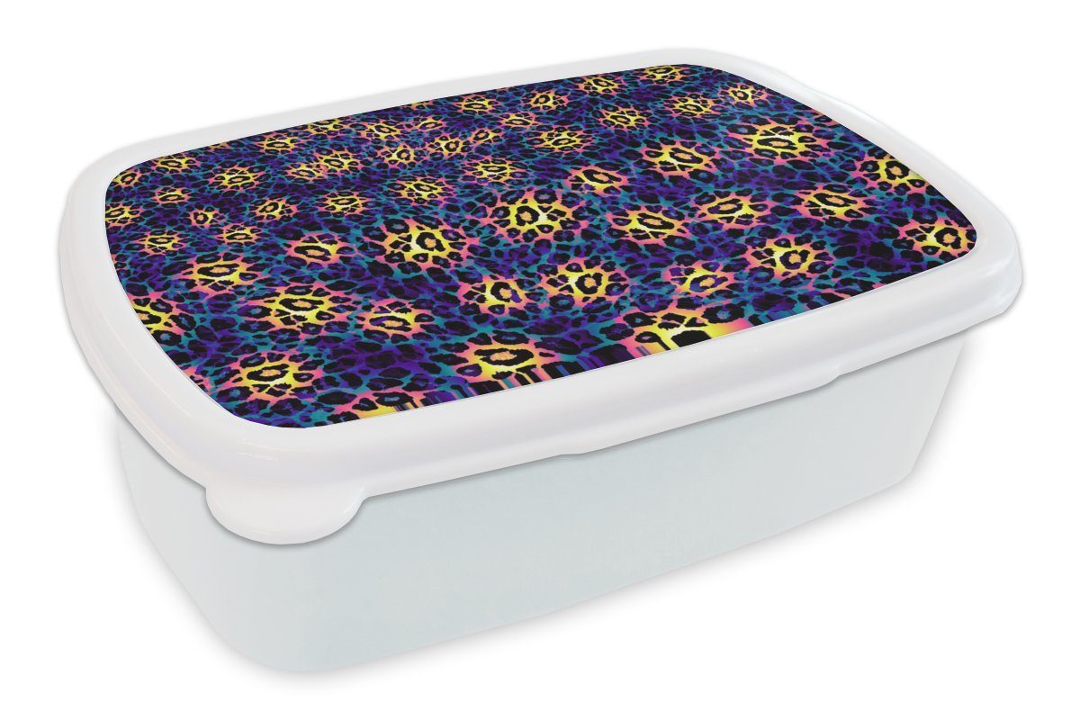 MuchoWow Lunchbox Design - Leopardenmuster - Gelb - Blau, Kunststoff, (2-tlg), Brotbox für Kinder und Erwachsene, Brotdose, für Jungs und Mädchen weiß