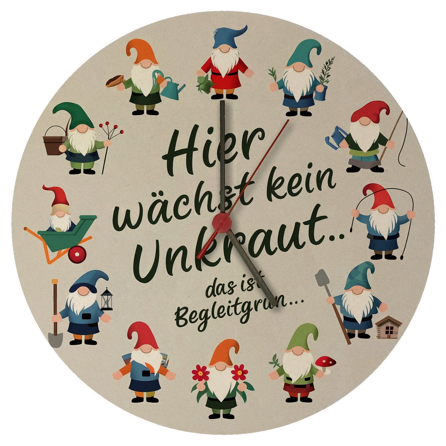 Wanduhr Gartenzwerge Wanduhr aus MDF - Kein Unkraut nur Begleitgrün