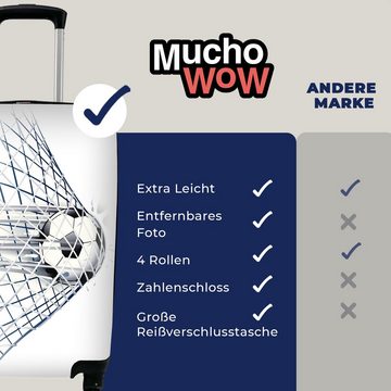 MuchoWow Handgepäckkoffer Eine Illustration eines Fußballs, der ins Tor geht - Jungen - Mädchen, 4 Rollen, Reisetasche mit rollen, Handgepäck für Ferien, Trolley, Reisekoffer