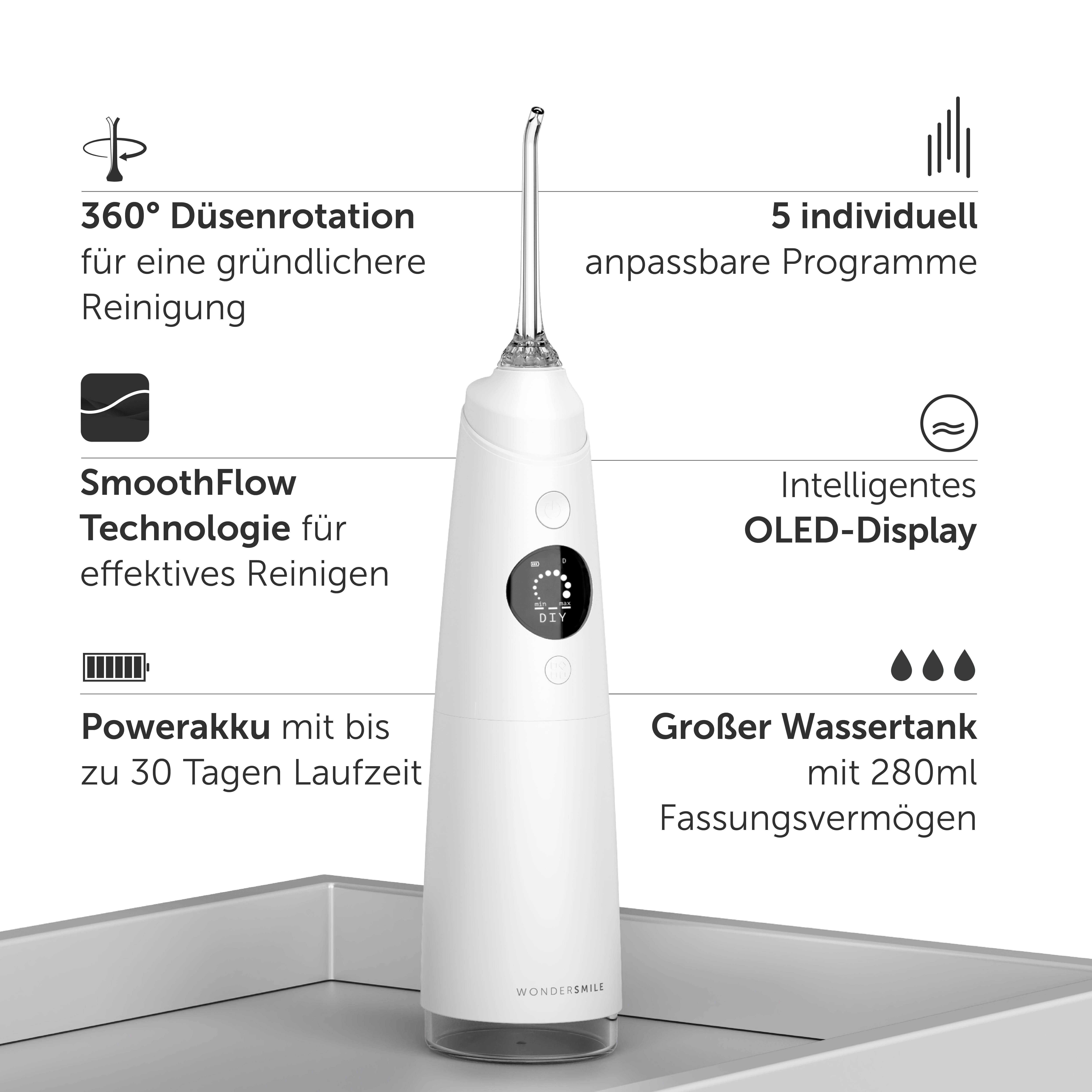 Wondersmile Munddusche Testsieger 2025 - 100 Tage risikofrei testen - SmoothFlow-Technologie, Aufsätze: 1 St., Inteligentes OLED Display