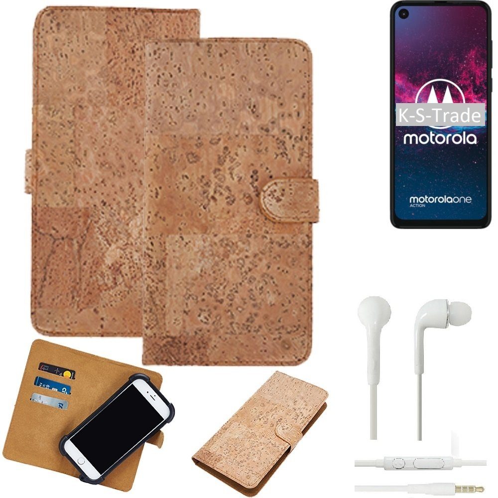 K-S-Trade Handyhülle für Motorola one action, Hülle + in ear Kopfhörer Kork Handyhülle Cover - Schutzhülle