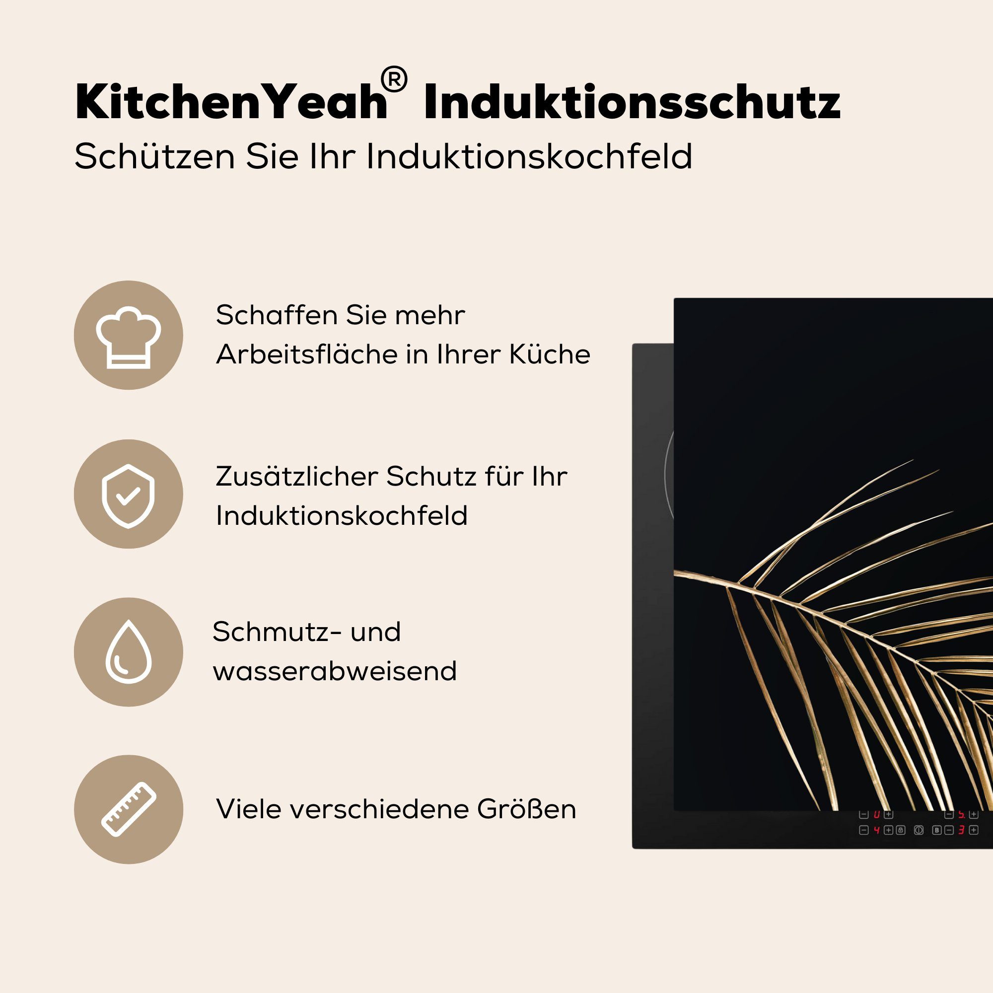 Gold MuchoWow Schutz Herdblende-/Abdeckplatte cm, Schwarz Induktionskochfeld für Ceranfeldabdeckung küche, tlg), 81x52 - Blätter Luxus, - Vinyl, - - (1 die Pflanzen