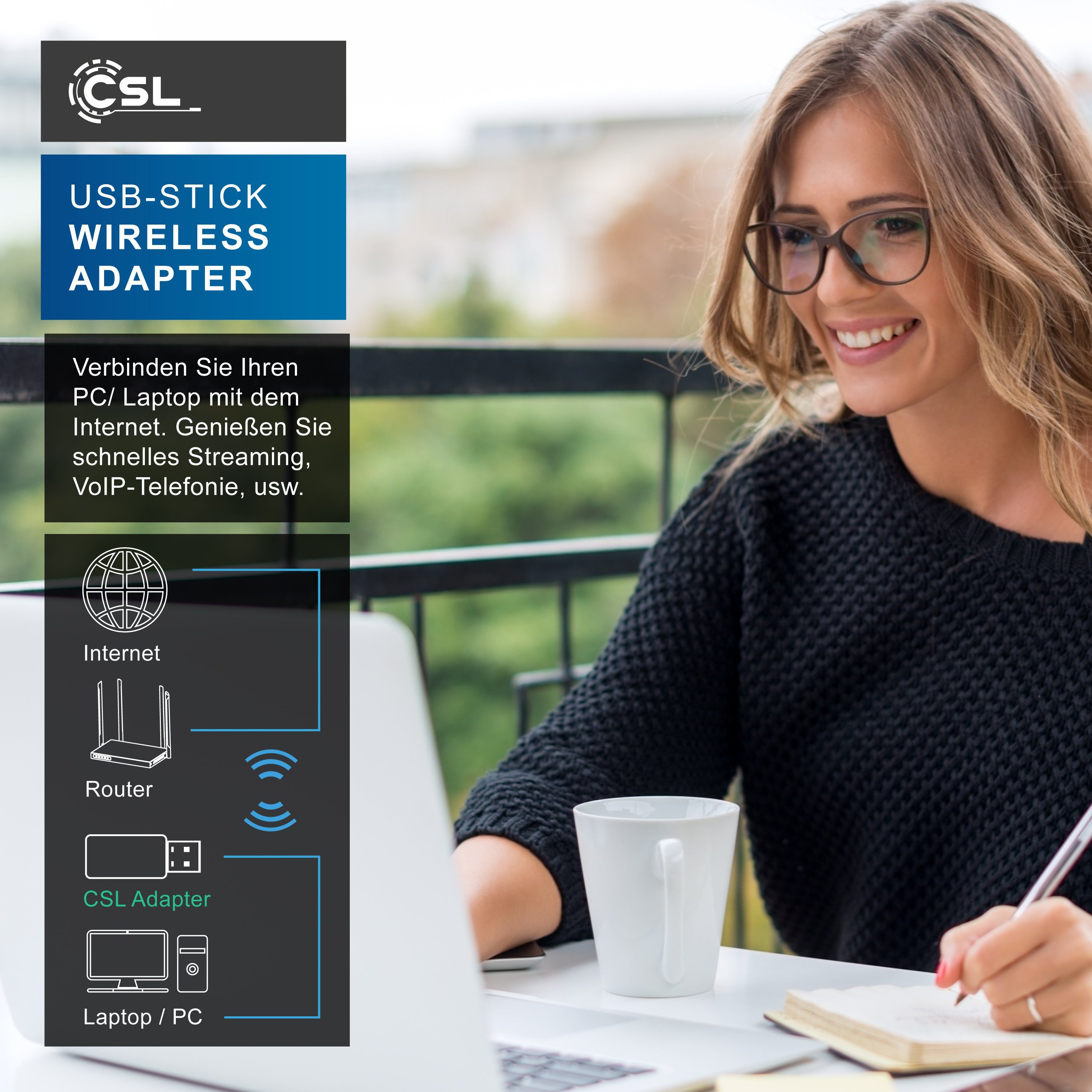 CSL WLAN-Dongle WLAN Adapter 300 Mbit/s USB Stick, 300 Mbit/s USB Stick WiFi Adapter 2,4 Ghz 2T2R, Verstärkung 18 dBm – Bild 4 von 5