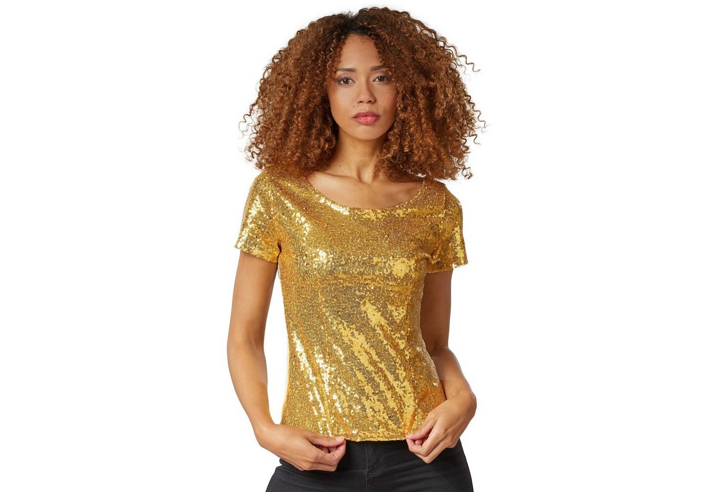 dressforfun T-Shirt Kurzarmtop, Damen-Shirt mit kurzen Ärmeln und Rundhalsausschnitt (Freizeitoberteil, Konfektionsgröße M in gold) Vorn mit glänzenden Pailletten, Anschmiegsamer und dehnbarer Stoff